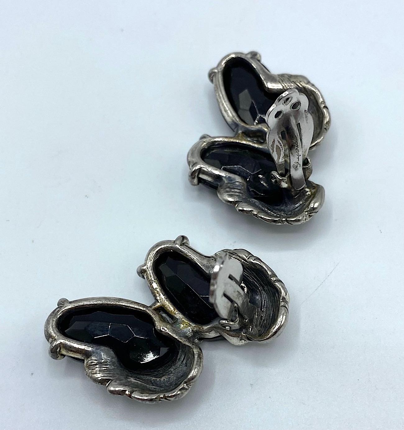 Schiaparelli 1950s Silver Leaves and Oval Black Stone Bracelet and Earrings Set 7