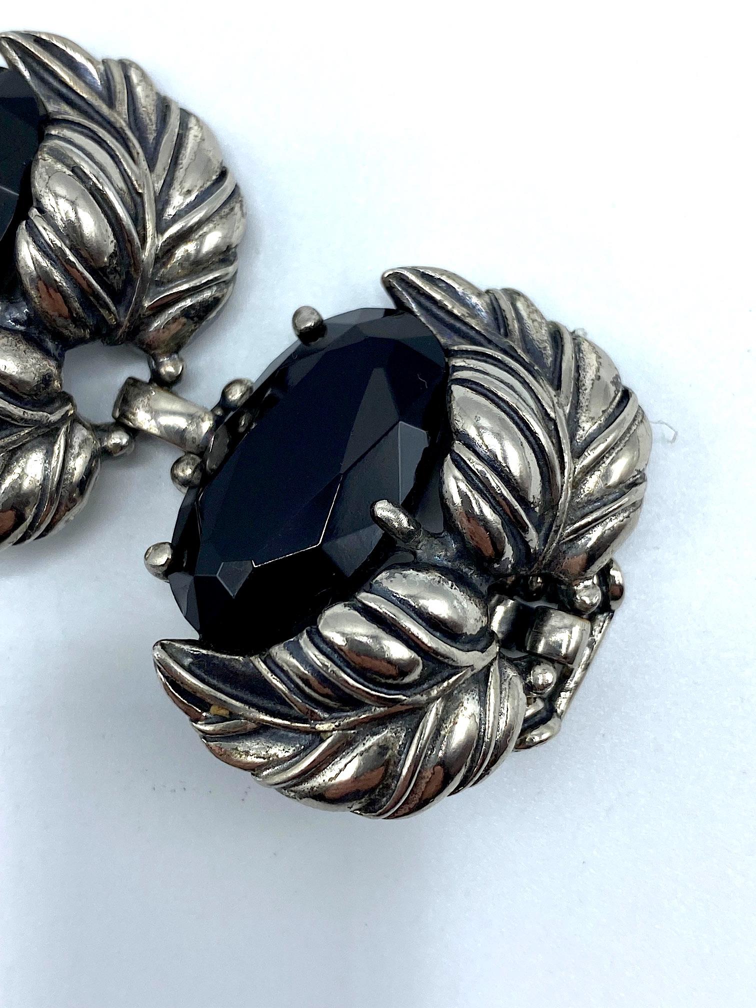 Women's Schiaparelli 1950s Silver Leaves and Oval Black Stone Bracelet and Earrings Set
