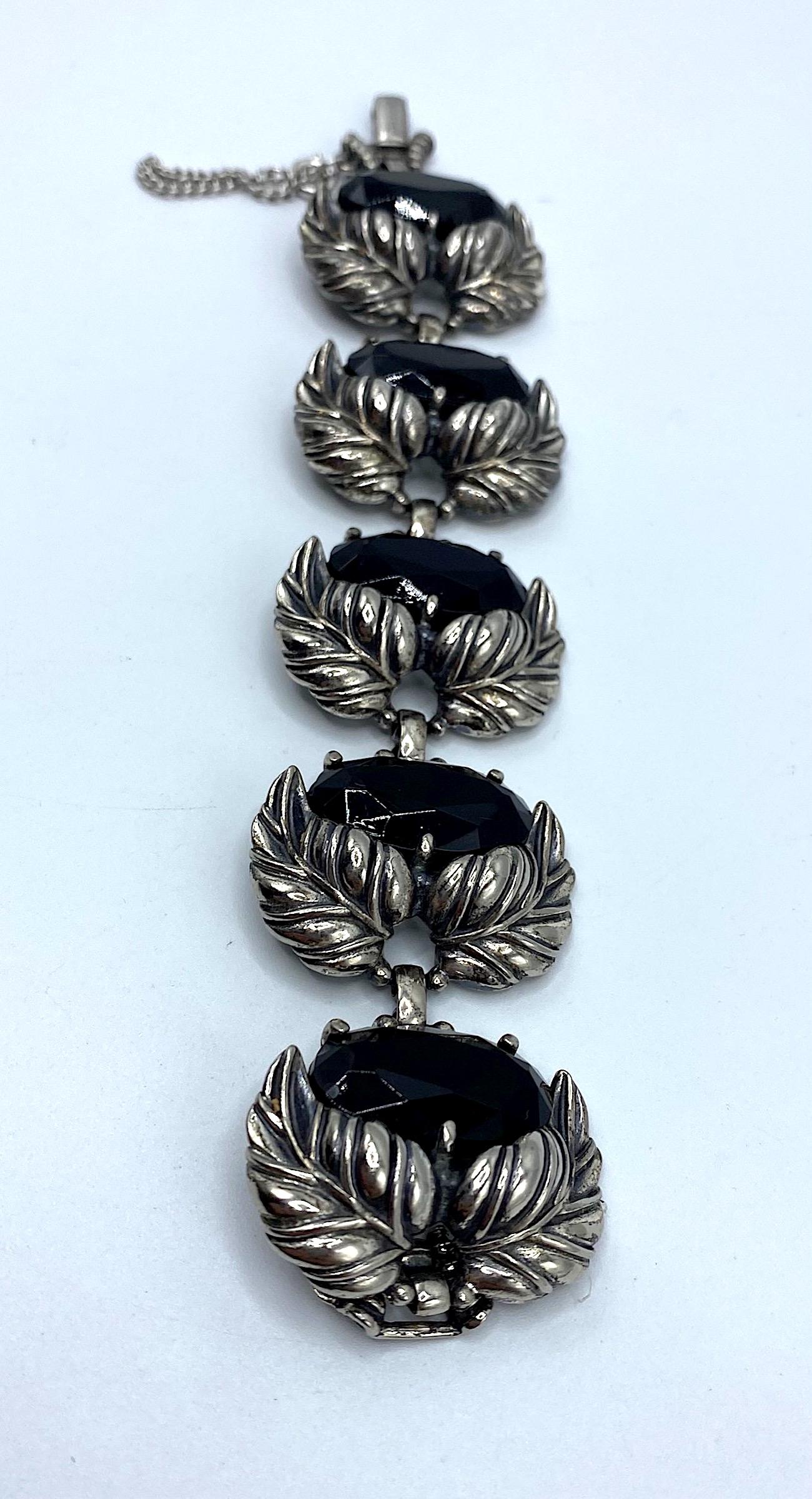 Schiaparelli 1950s Silver Leaves and Oval Black Stone Bracelet and Earrings Set 1