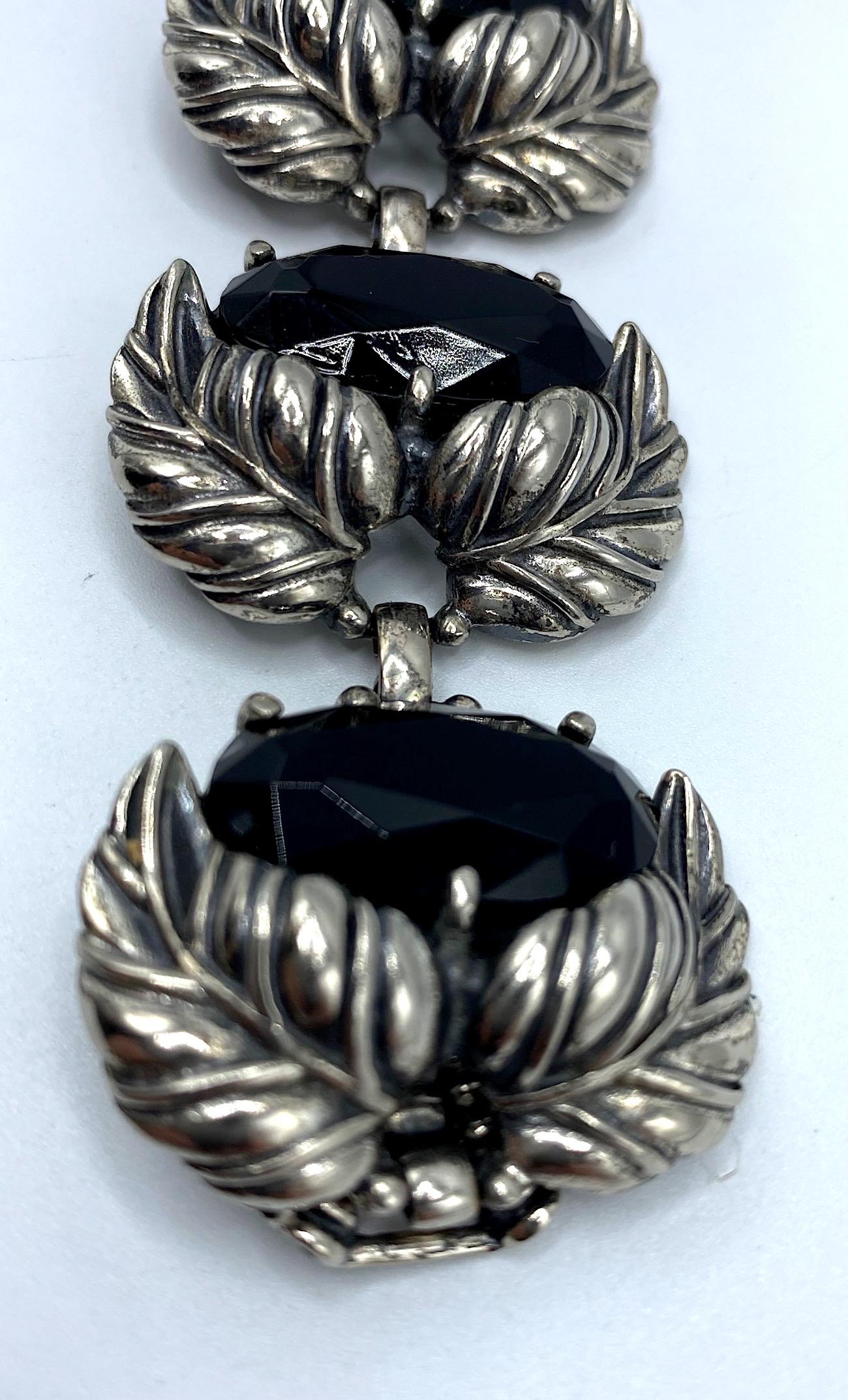 Schiaparelli 1950s Silver Leaves and Oval Black Stone Bracelet and Earrings Set 2