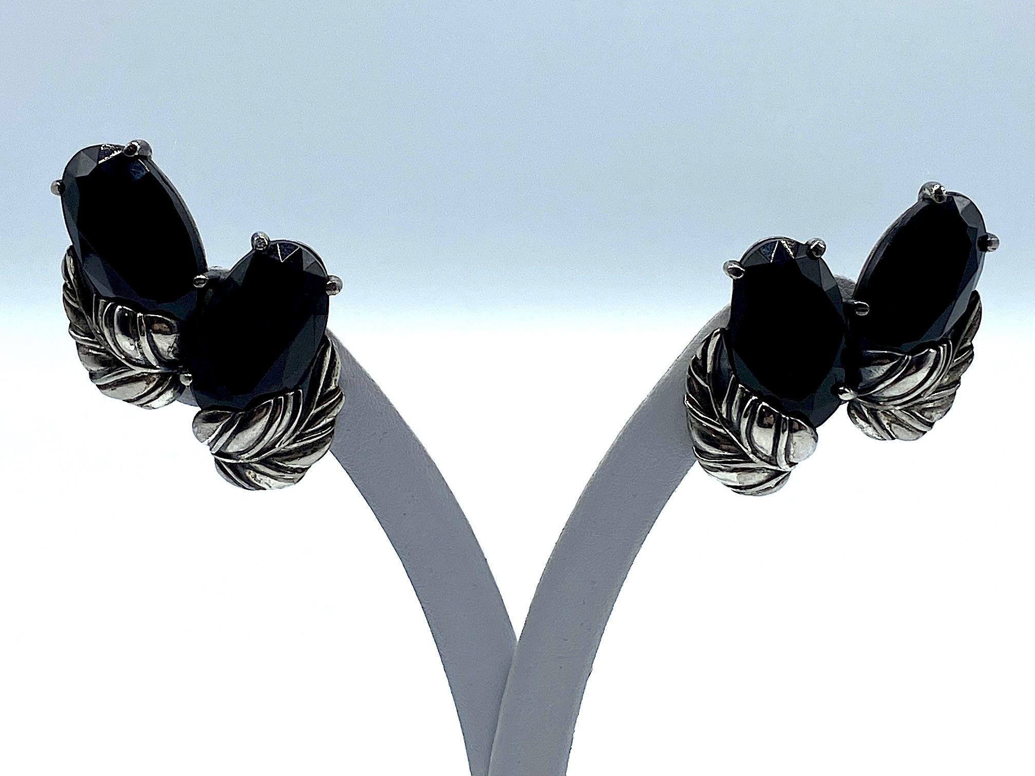 Schiaparelli 1950s Silver Leaves and Oval Black Stone Bracelet and Earrings Set 4