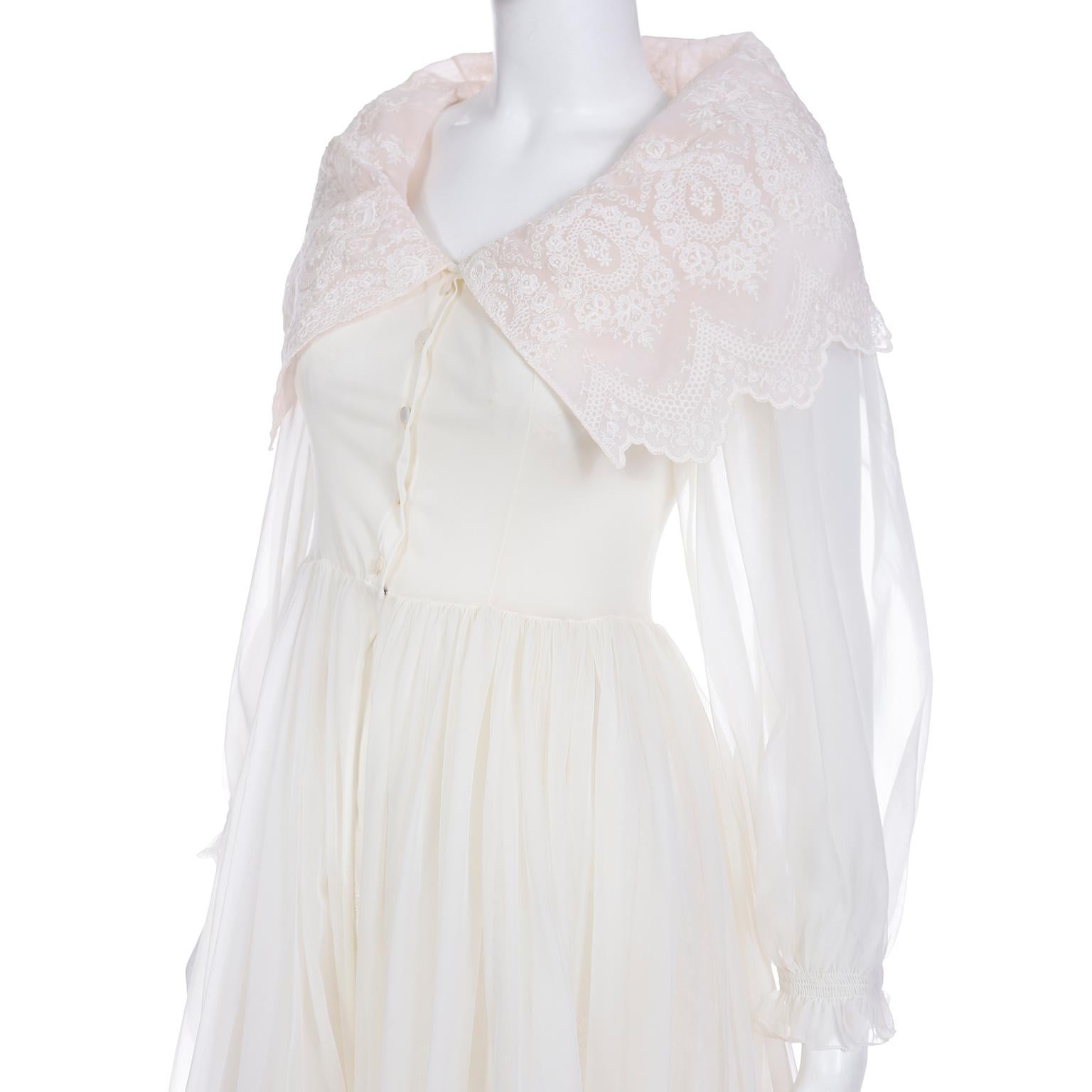 Women's Schiaparelli 1950s Vintage Ivory & Pink Peignoir Robe & Nightgown w Eyelet Lace