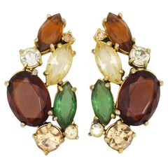 Schiaparelli 1950s Vintage Large Leaf Flower Citrine Emerald Crystals Earrings