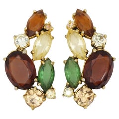 Schiaparelli 1950s Vintage Large Leaf Flower Citrine Emerald Crystals Earrings