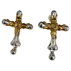 Schiaparelli 2 Tones Large Cross Earrings