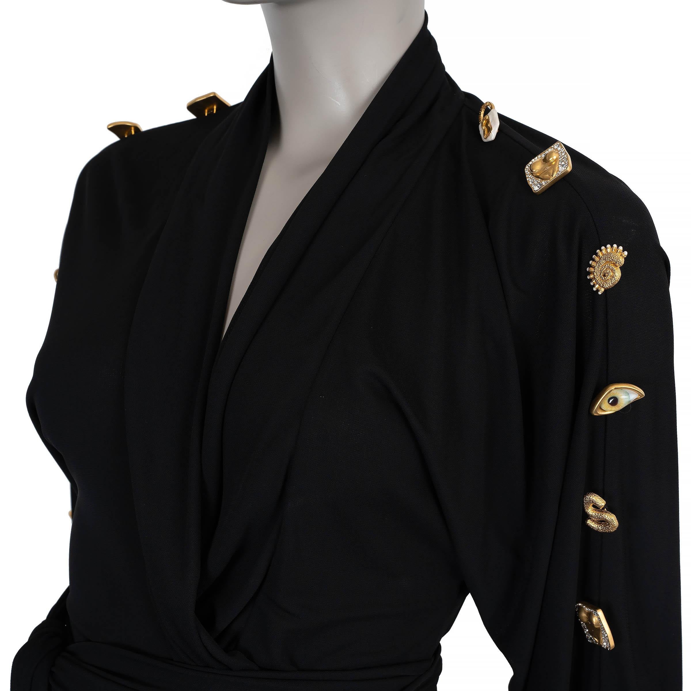 SCHIAPARELLI noir viscose 2023 BIJOUX BUTTON WRAP Robe 34 XS Pour femmes en vente