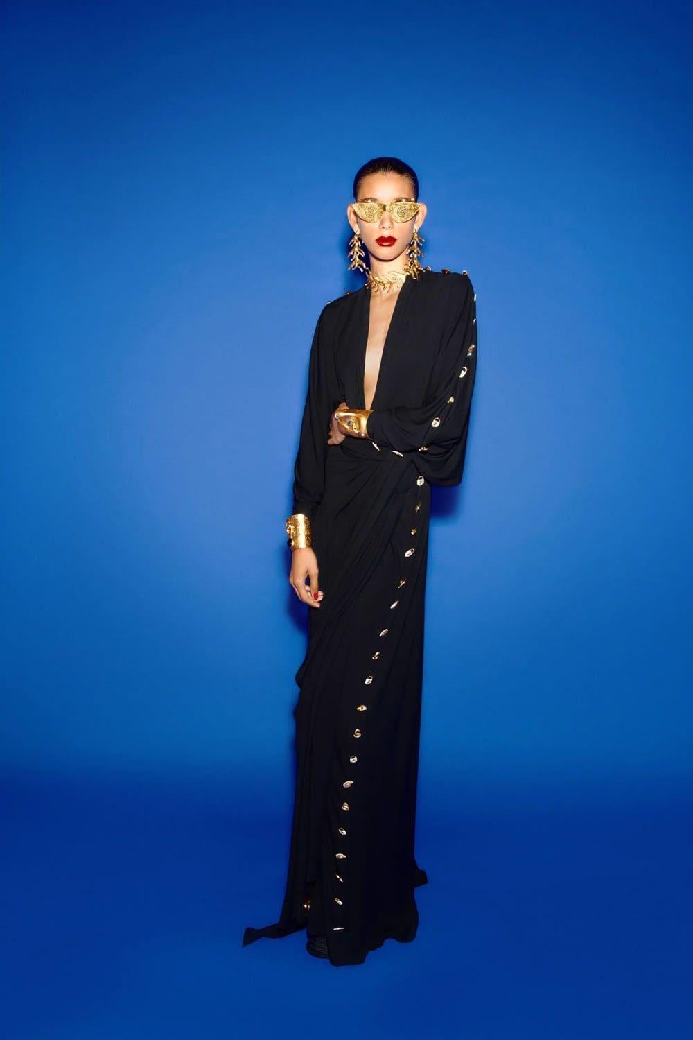 SCHIAPARELLI noir viscose 2023 BIJOUX BUTTON WRAP Robe 34 XS en vente 2
