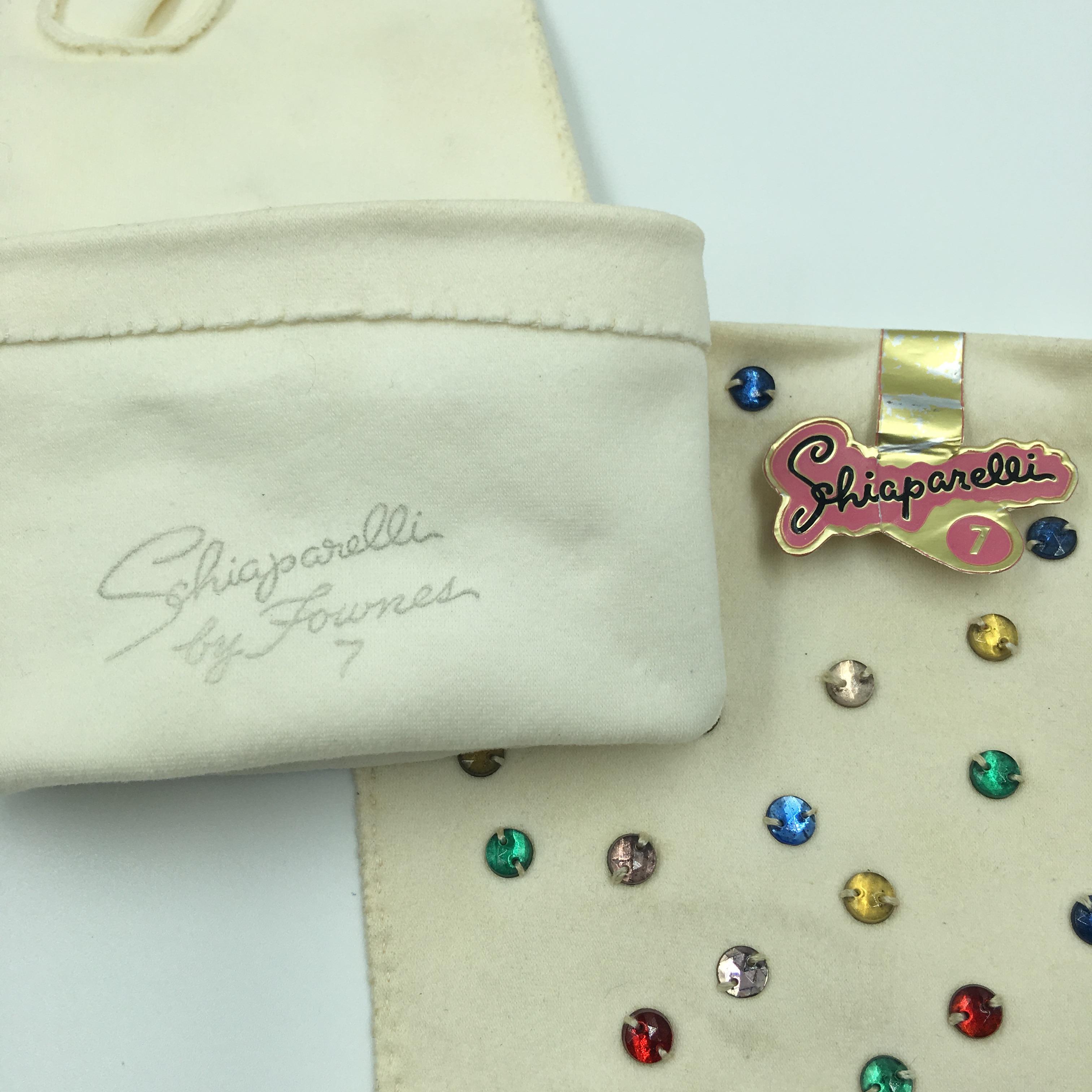 Schiaparelli by Fownes Cream Gloves w Hand Sewn Beaded Rhinestones Orignal tag 1