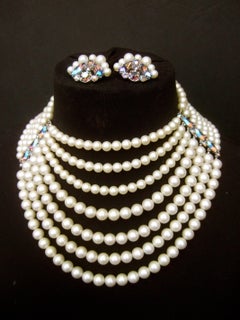 Schiaparelli Dramatic Multi Strand Faux Pearl Necklace & Earring Set c 1960