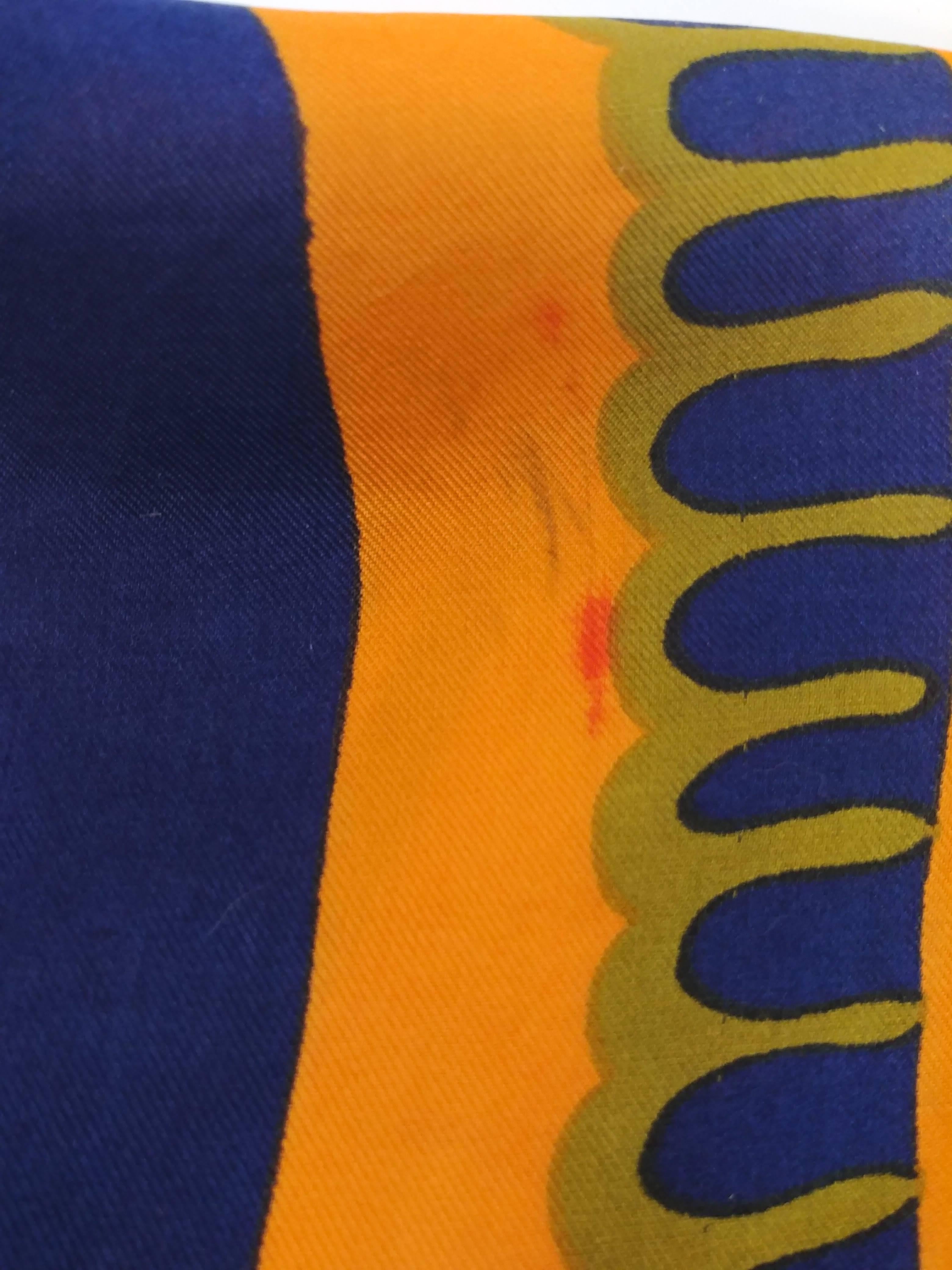 Brown Schiaparelli Geometric Blue & Orange Print Scarf, 1960s