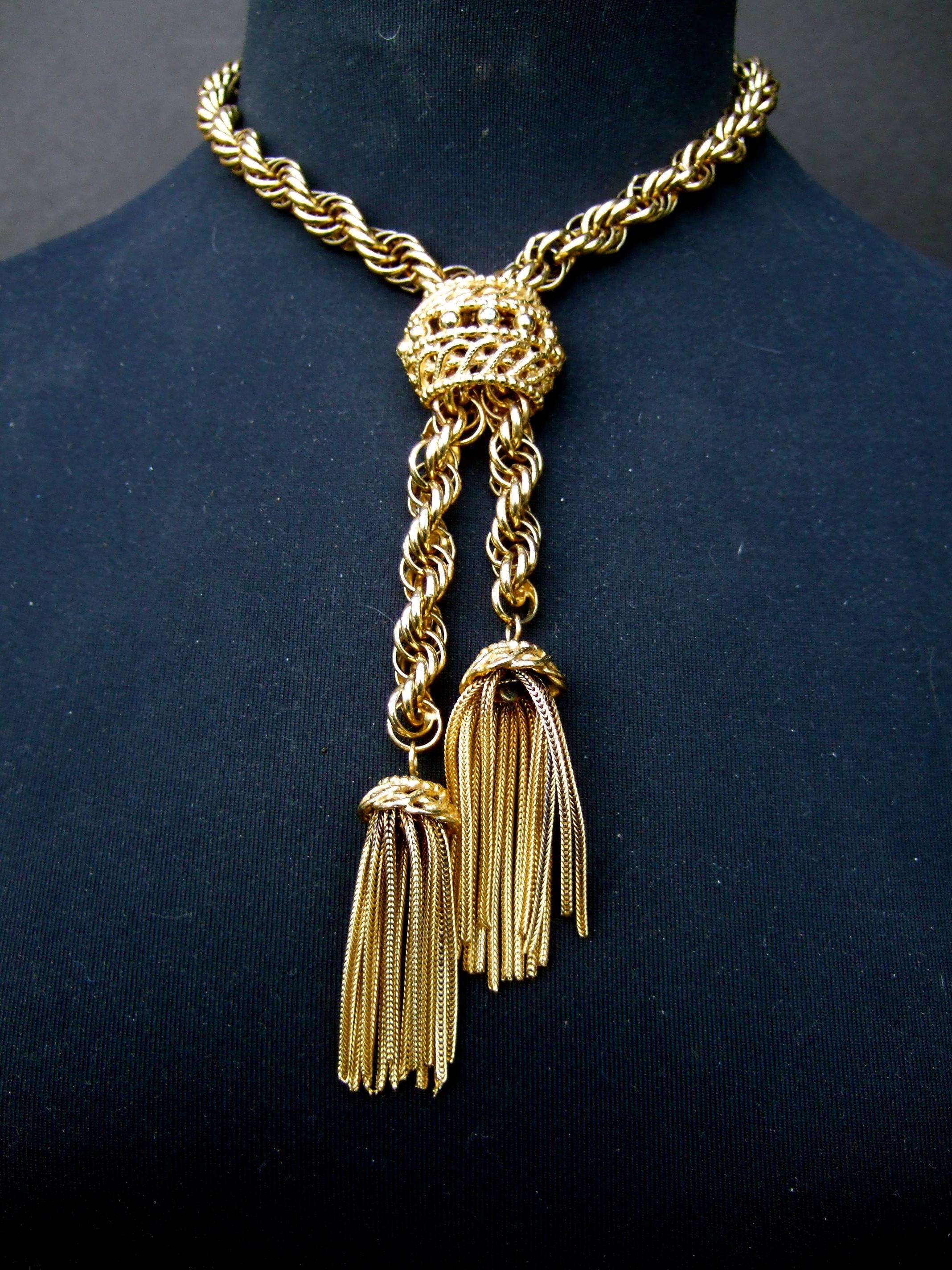 Schiaparelli Gilt Metal Fringe Tassel Choker Chain Necklace c 1960 2
