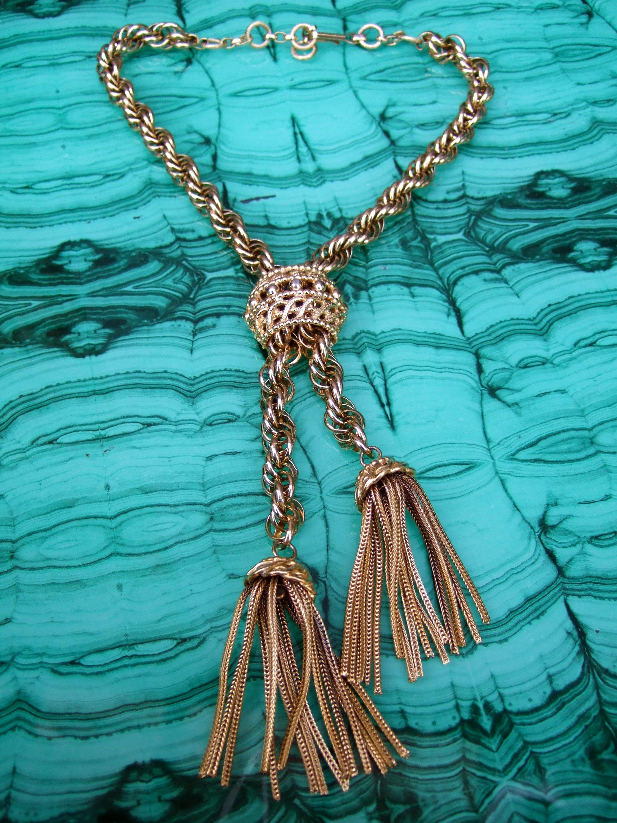 Women's Schiaparelli Gilt Metal Fringe Tassel Choker Chain Necklace c 1960