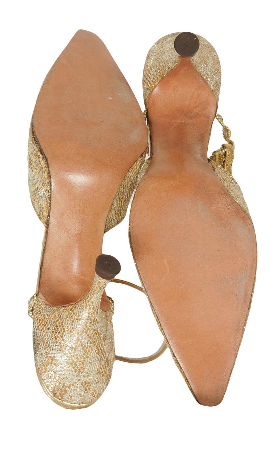 Brown Schiaparelli Gold Lace Jeweled T-Strap Kitten Heel Pumps, New in Box –6AA, 1960s For Sale