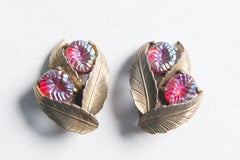 Schiaparelli Goldtone Leaf Ruby Tone Jeweled Earrings