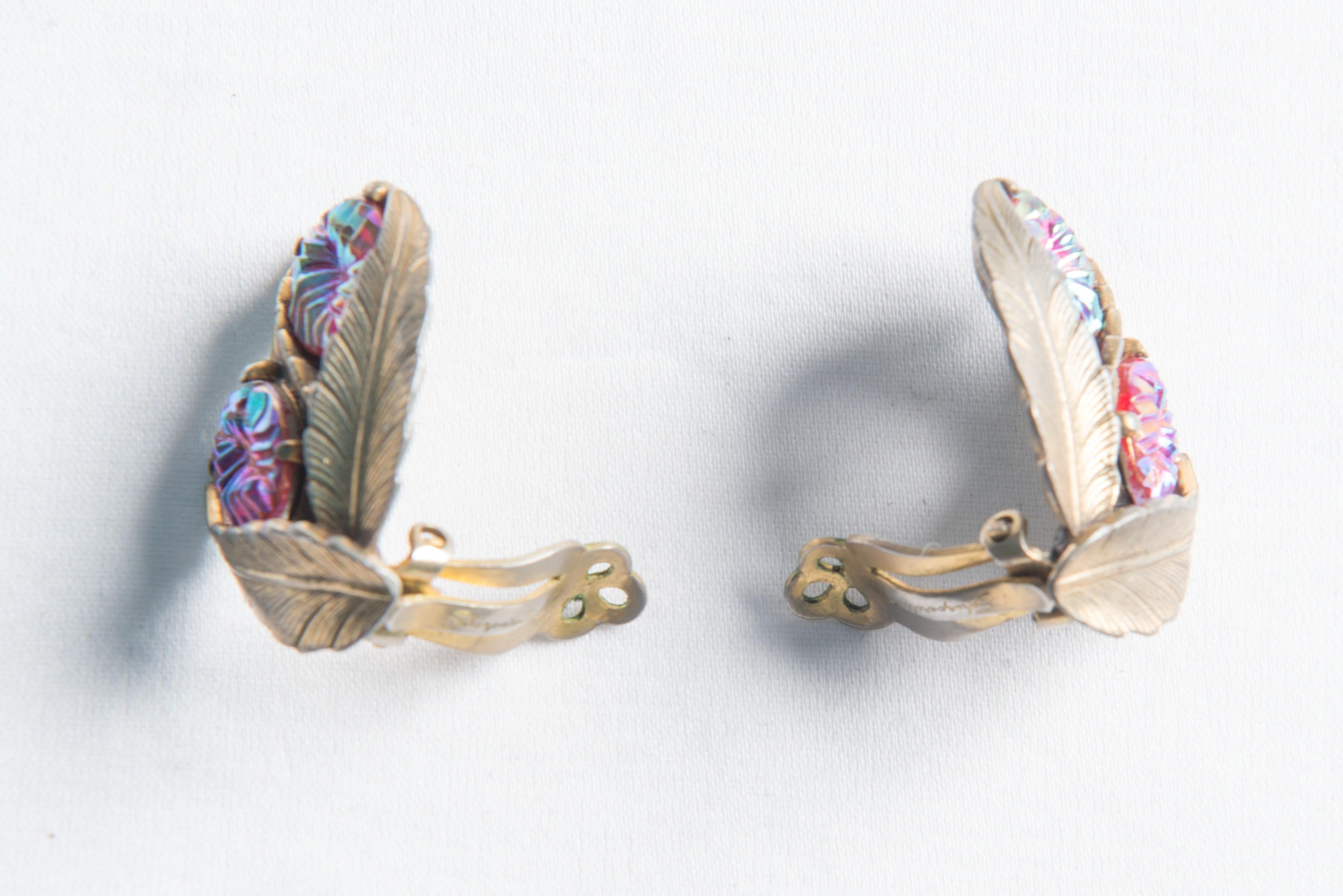 Bead Schiaparelli Goldtone Leaf Ruby Tone Jeweled Earrings For Sale