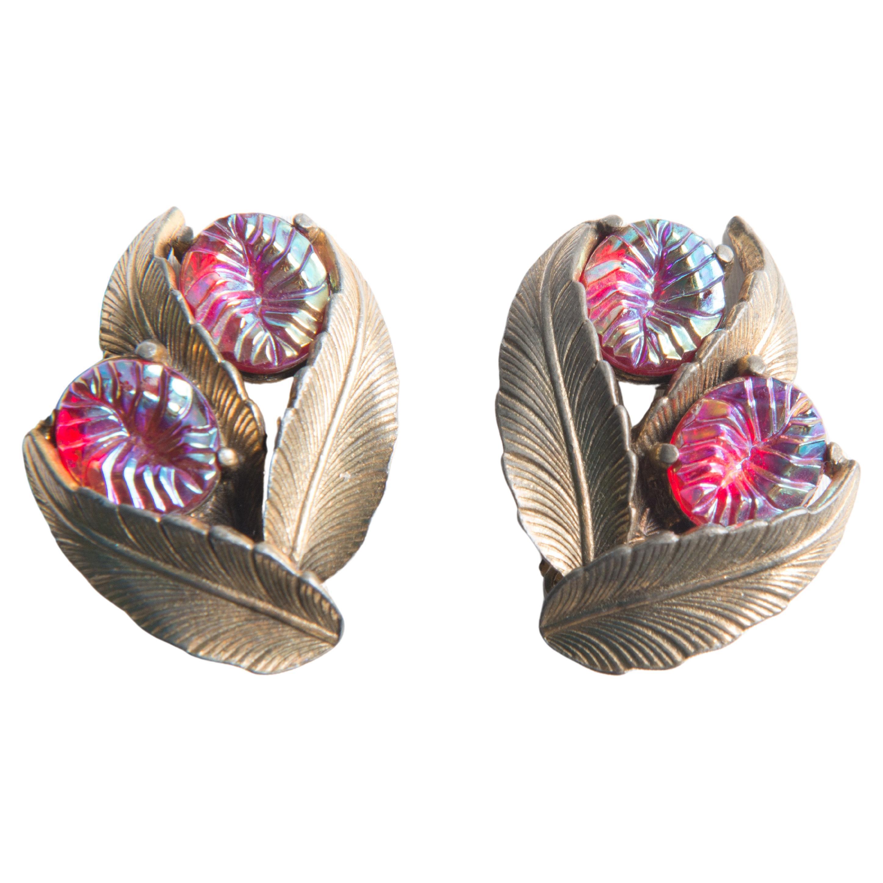 Schiaparelli Goldtone Leaf Ruby Tone Jeweled Earrings For Sale