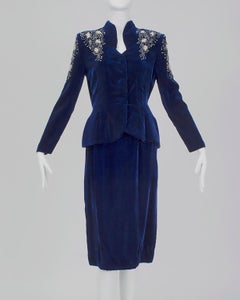 Schiaparelli-Inspired Sapphire Silk Velvet Bead and Pearl Peplum Suit - S, 1940s