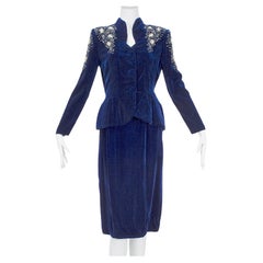 Schiaparelli-Inspired Sapphire Silk Velvet Bead and Pearl Pencil Suit - S, 1940s