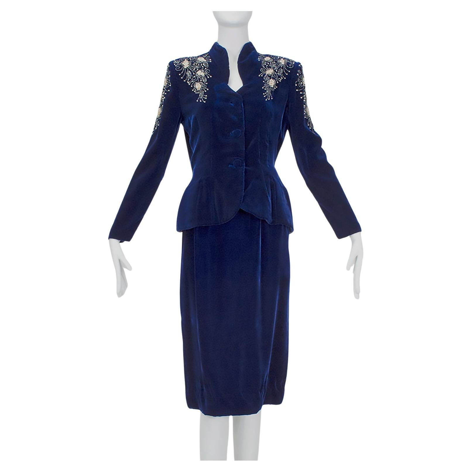 Schiaparelli-Inspired Sapphire Silk Velvet Bead and Pearl Peplum Suit - S, 1940s For Sale