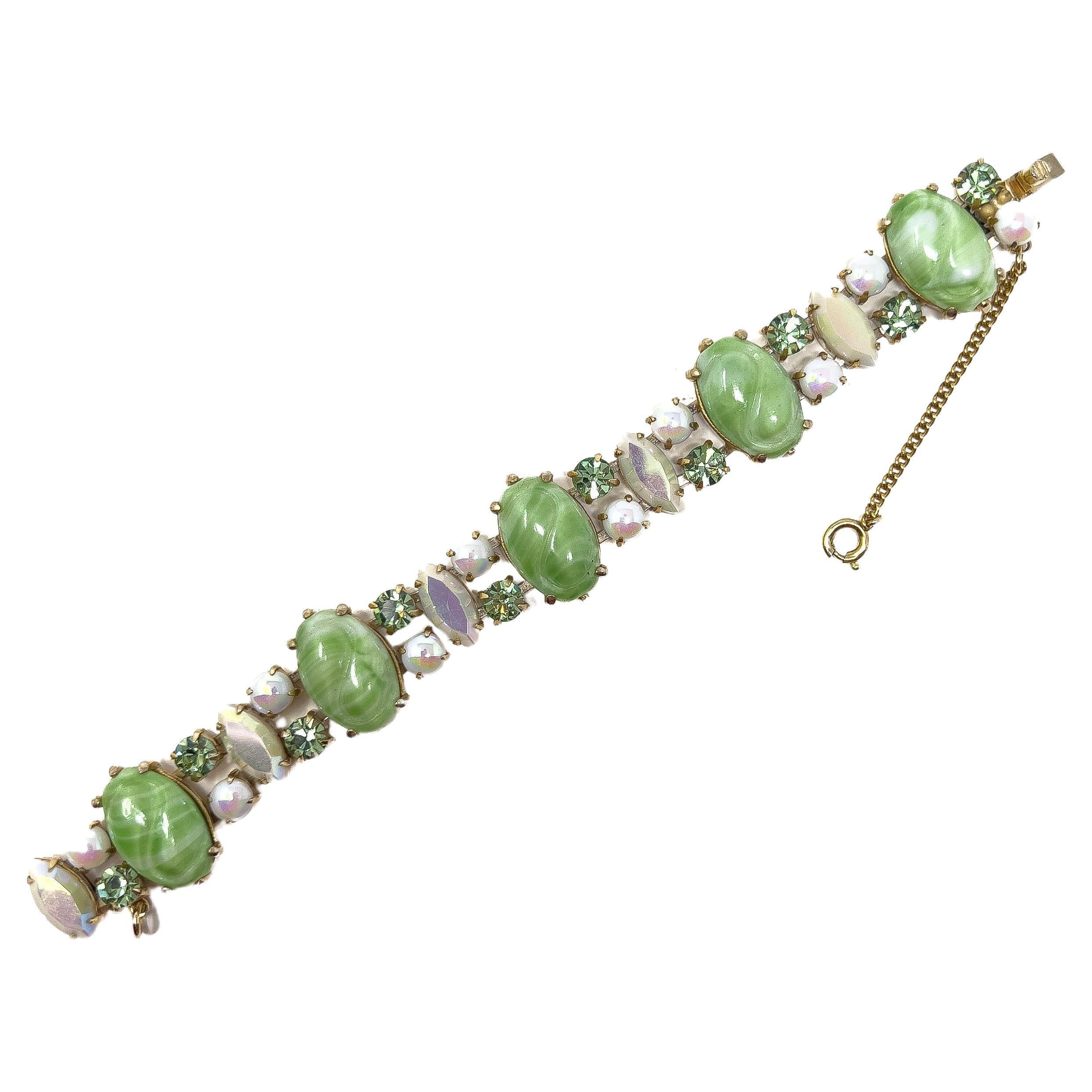 Schiaparelli Late 1950s Vintage Rhinestone and Green Glass Bracelet