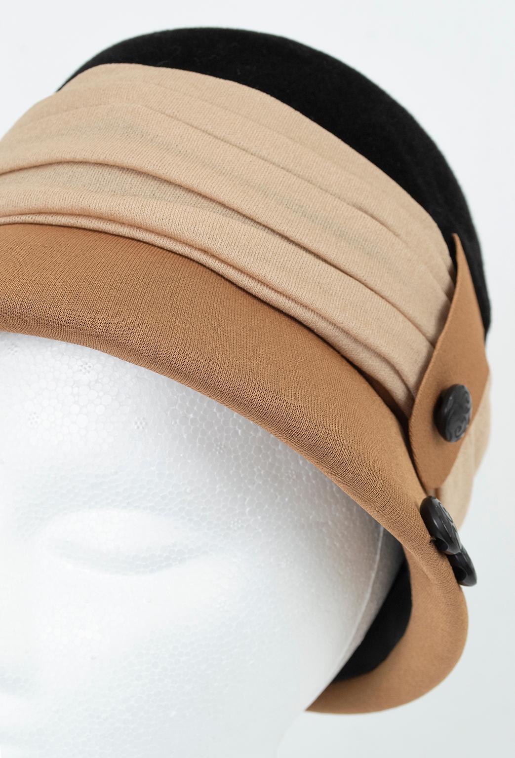 Schiaparelli Nude Neutrals Tri-Color Samt und Seidenjersey Cloche Hut-S-M, 1965 Damen im Angebot