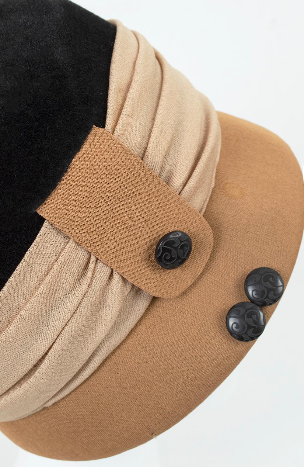 Women's Schiaparelli Nude Neutrals Tri-Color Velvet and Silk Jersey Cloche Hat–S-M, 1965 For Sale