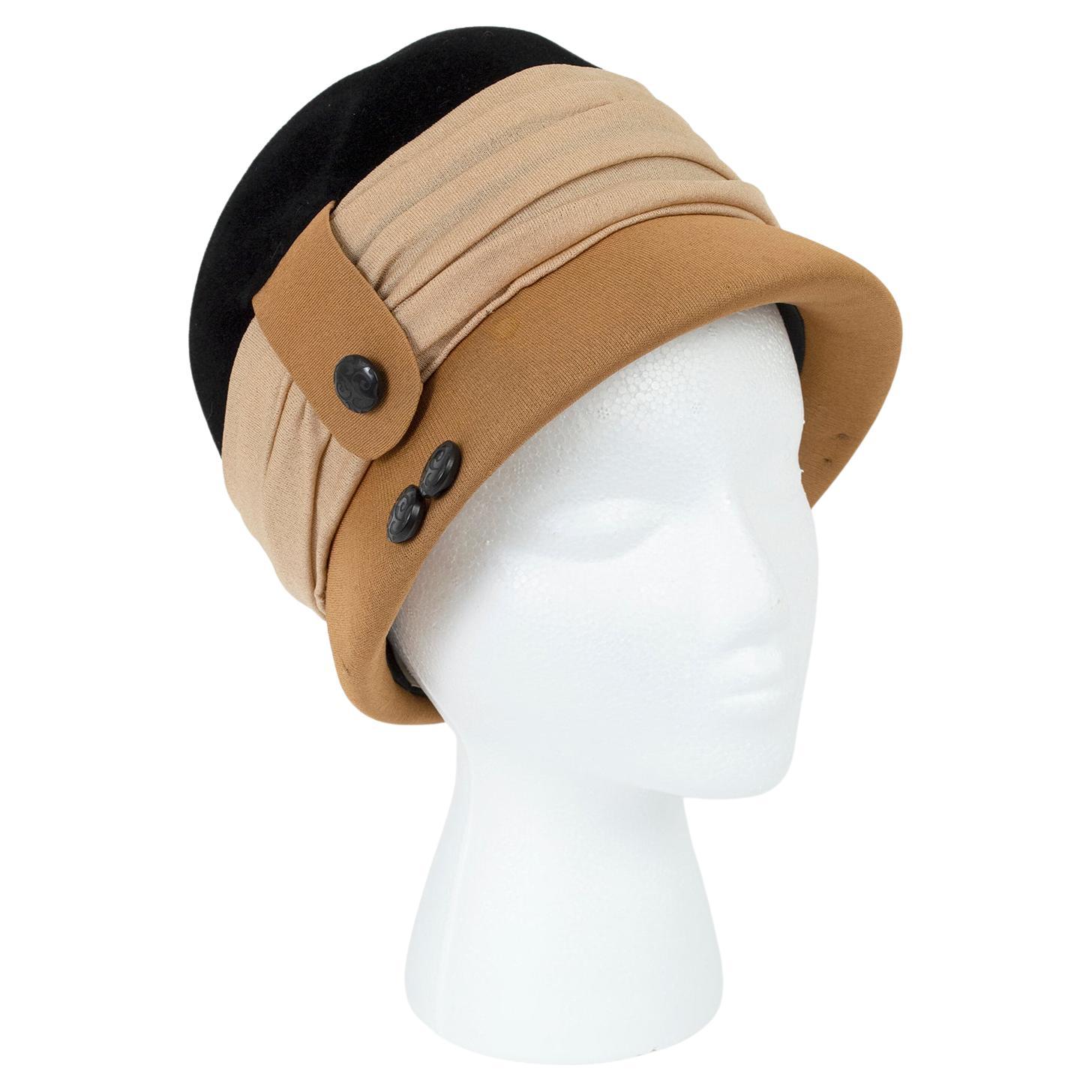 Schiaparelli Nude Neutrals Tri-Color Velvet and Silk Jersey Cloche Hat–S-M, 1965