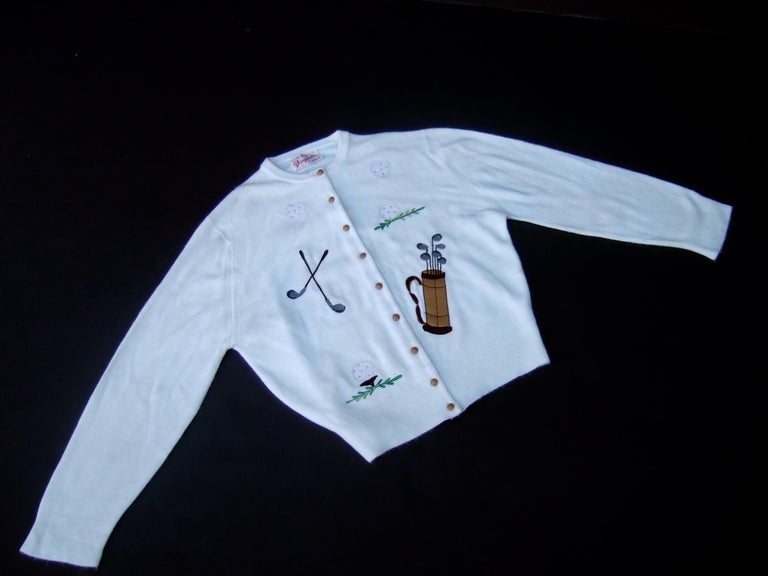 Schiaparelli Paris White Orlon Acrylic Golf Themed Cardigan Sweater c 1950s  6