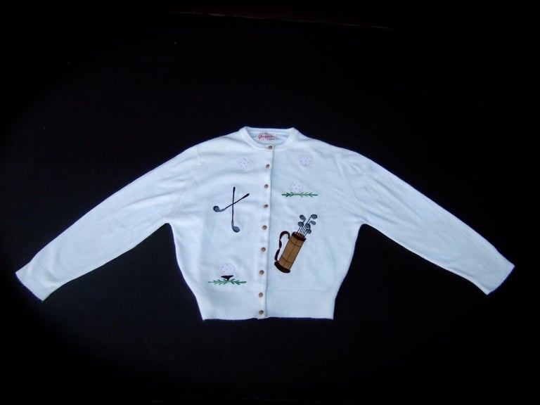 Gray Schiaparelli Paris White Orlon Acrylic Golf Themed Cardigan Sweater c 1950s 