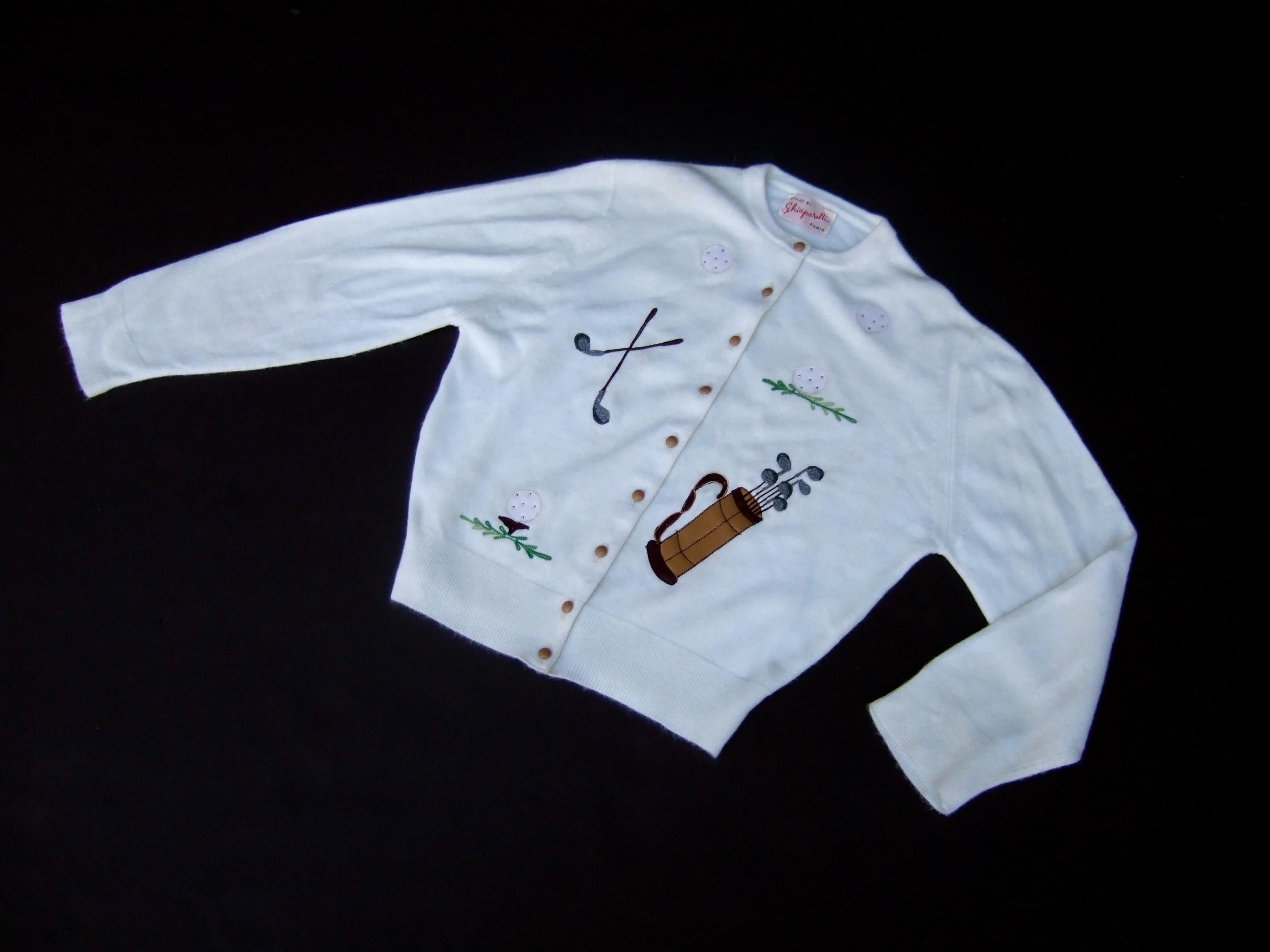 Gray Schiaparelli Paris White Orlon Acrylic Golf Themed Cardigan Sweater c 1950s 
