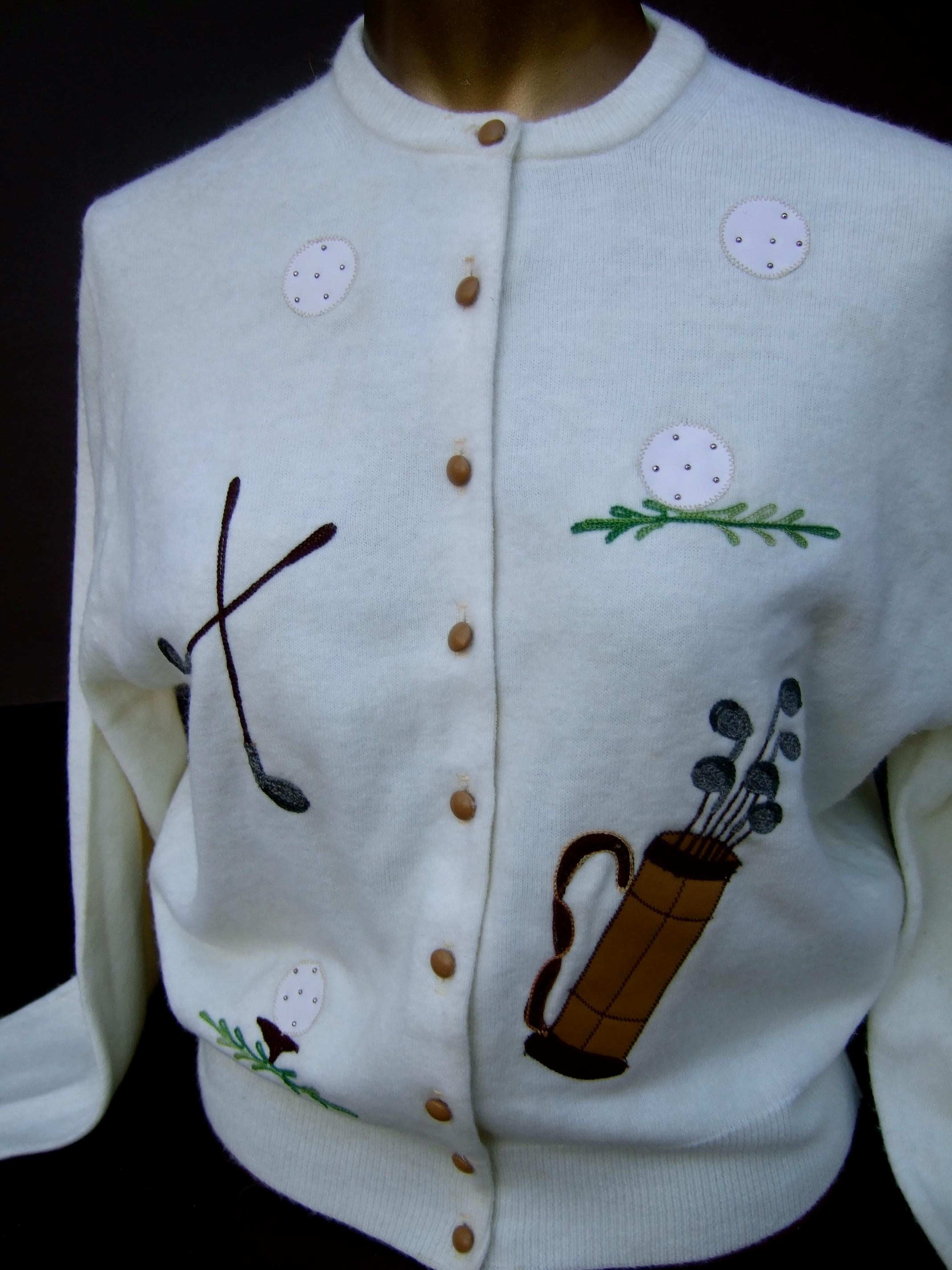 Women's Schiaparelli Paris White Orlon Acrylic Golf Themed Cardigan Sweater c 1950s 