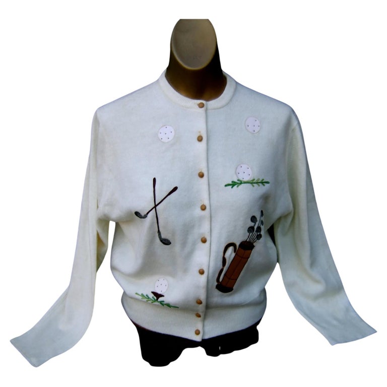 Schiaparelli Paris White Orlon Acrylic Golf Themed Cardigan Sweater c 1950s 