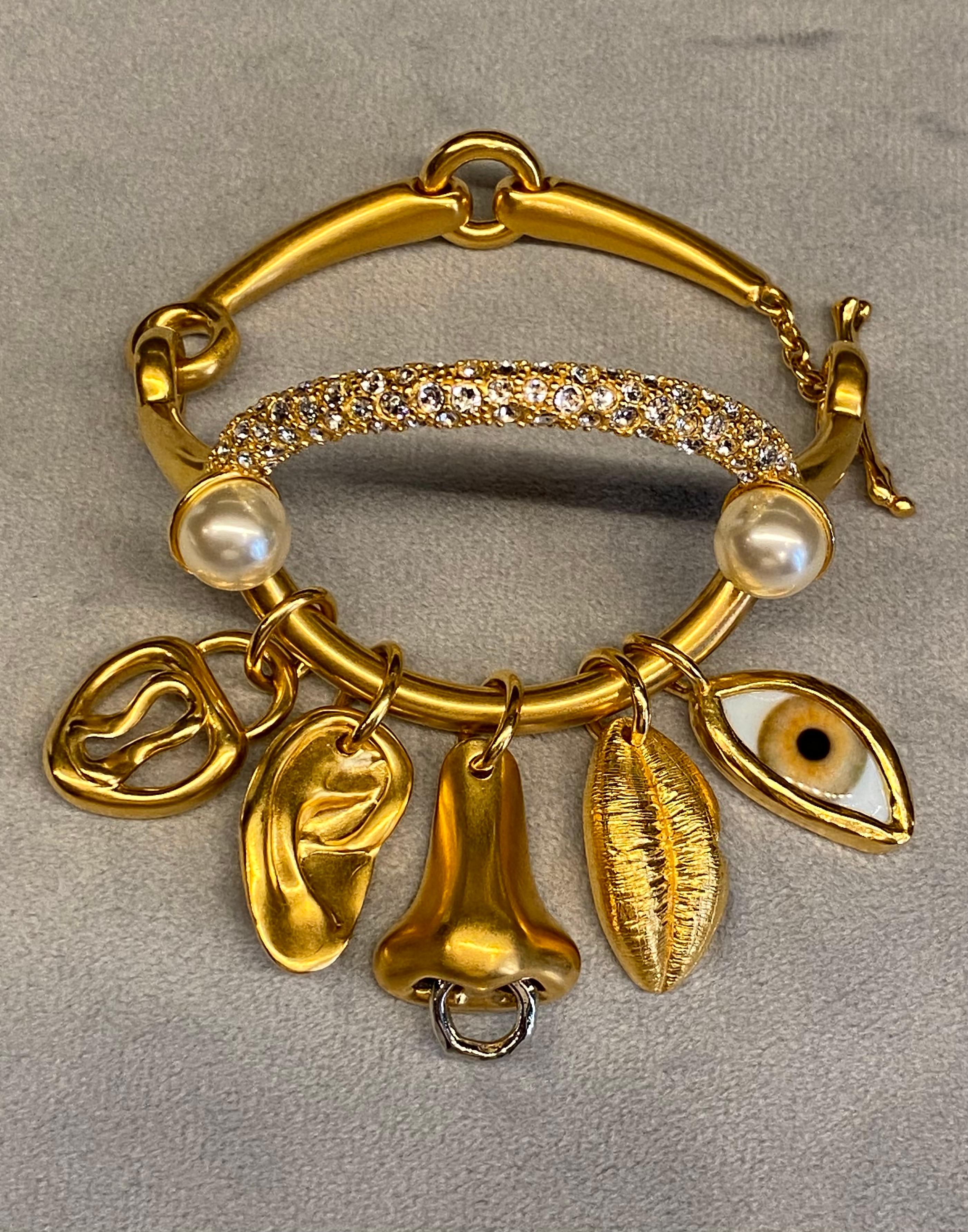 Schiaparelli Satin Gold, Pearl & Rhinestone Iconic Surrealist Charm Bracelet For Sale 6