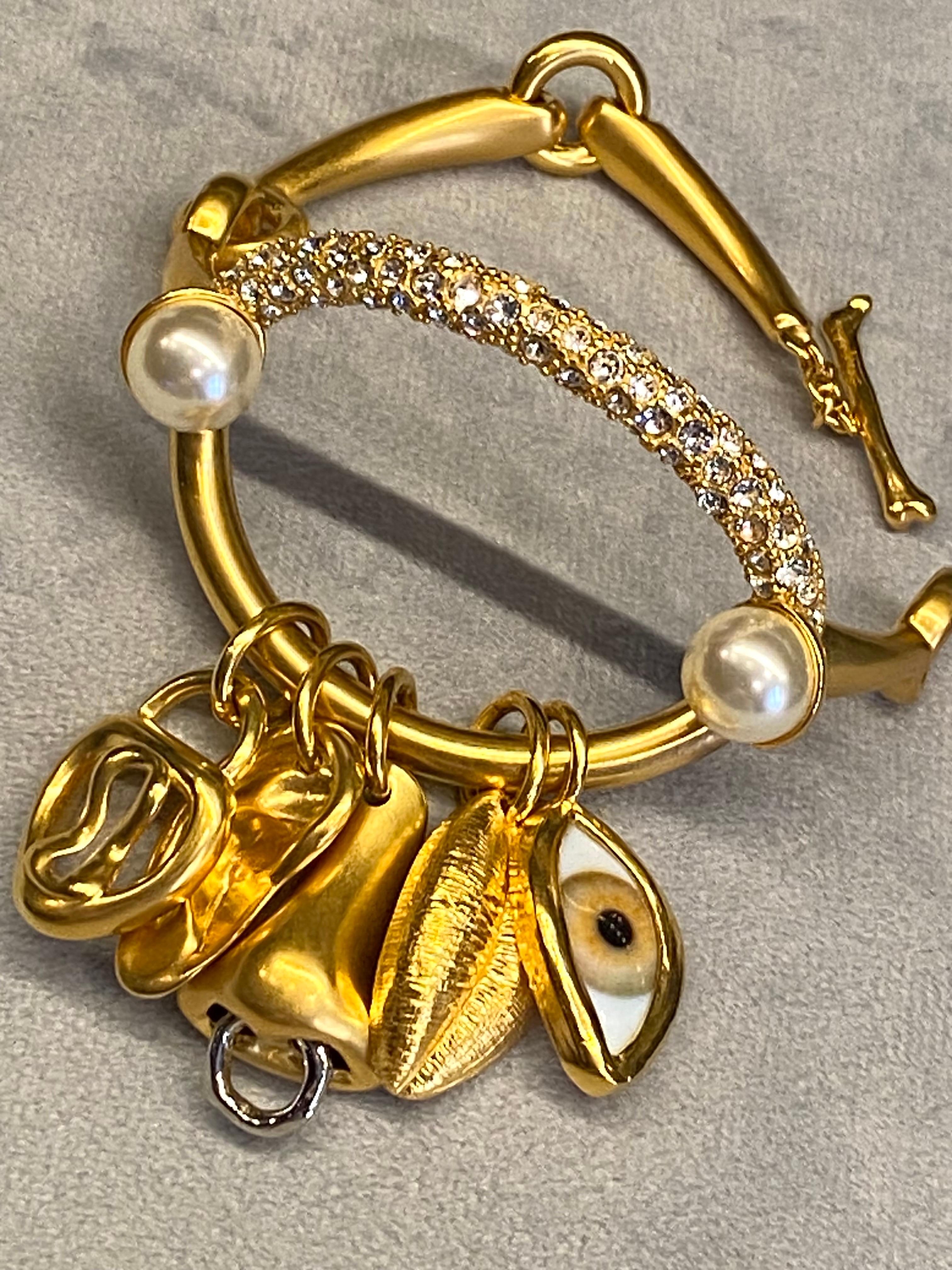 Schiaparelli Satin Gold, Pearl & Rhinestone Iconic Surrealist Charm Bracelet For Sale 7