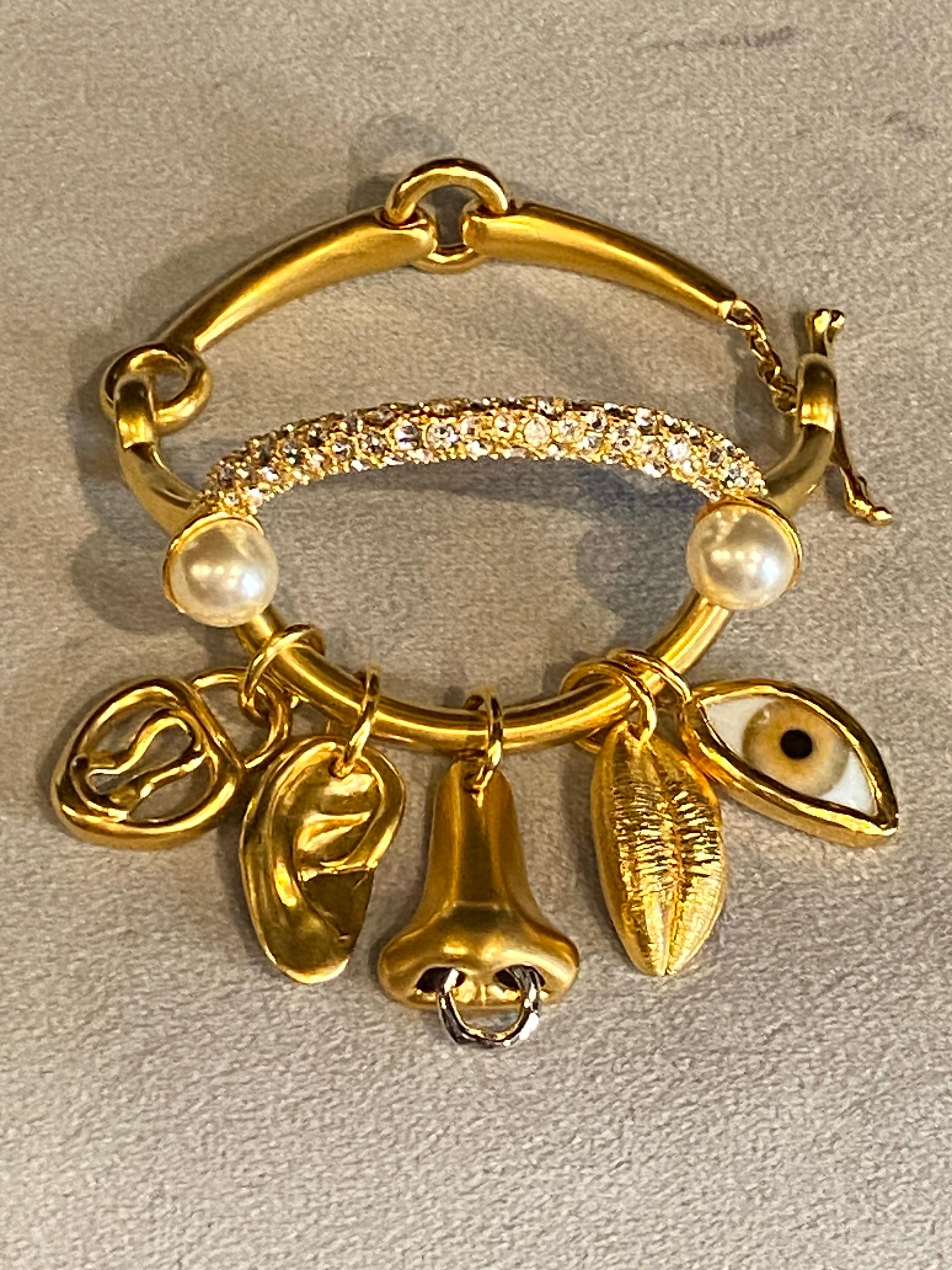 Schiaparelli Satin Gold, Pearl & Rhinestone Iconic Surrealist Charm Bracelet For Sale 13