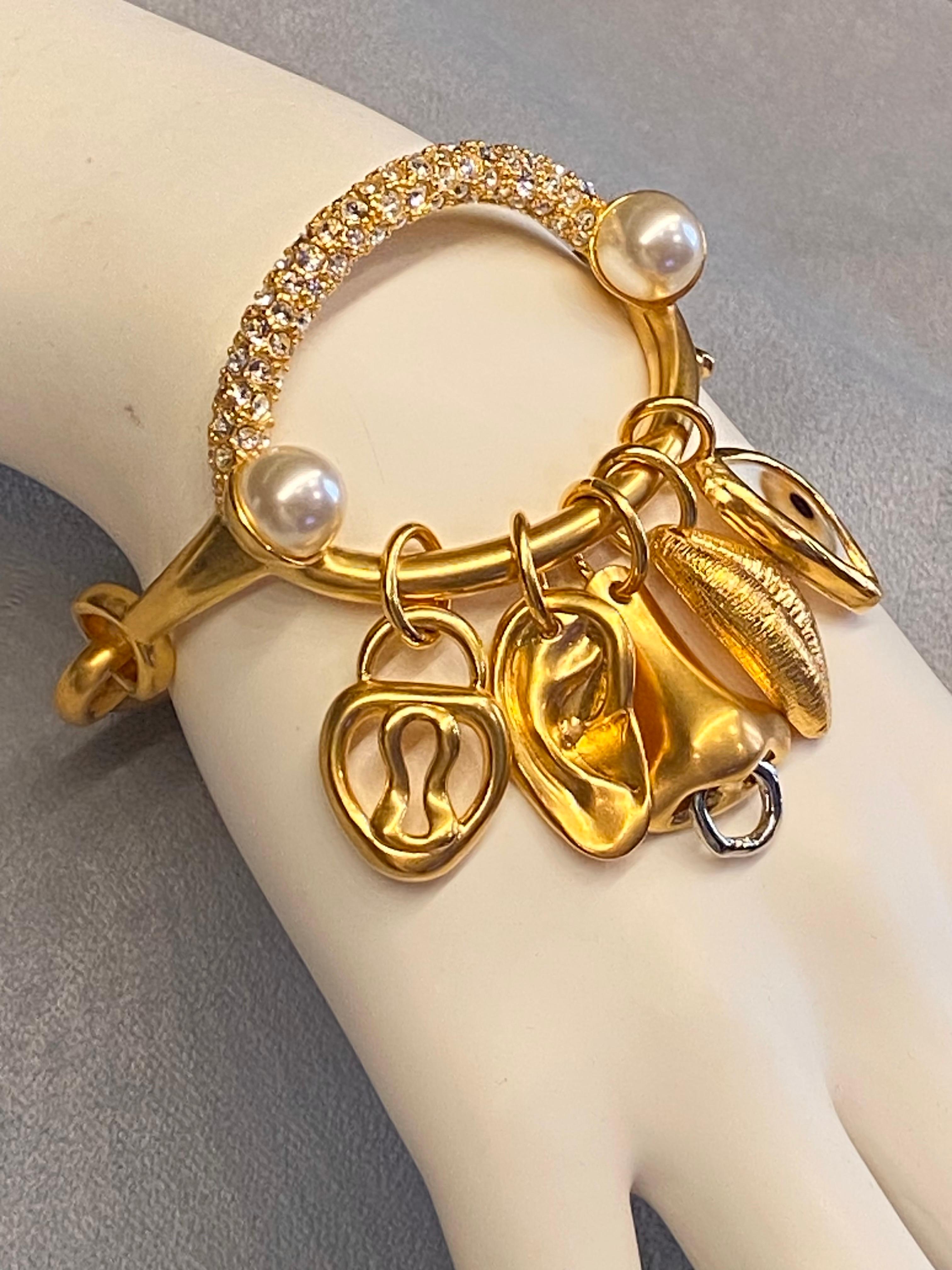 Schiaparelli Satin Gold, Pearl & Rhinestone Iconic Surrealist Charm Bracelet For Sale 3