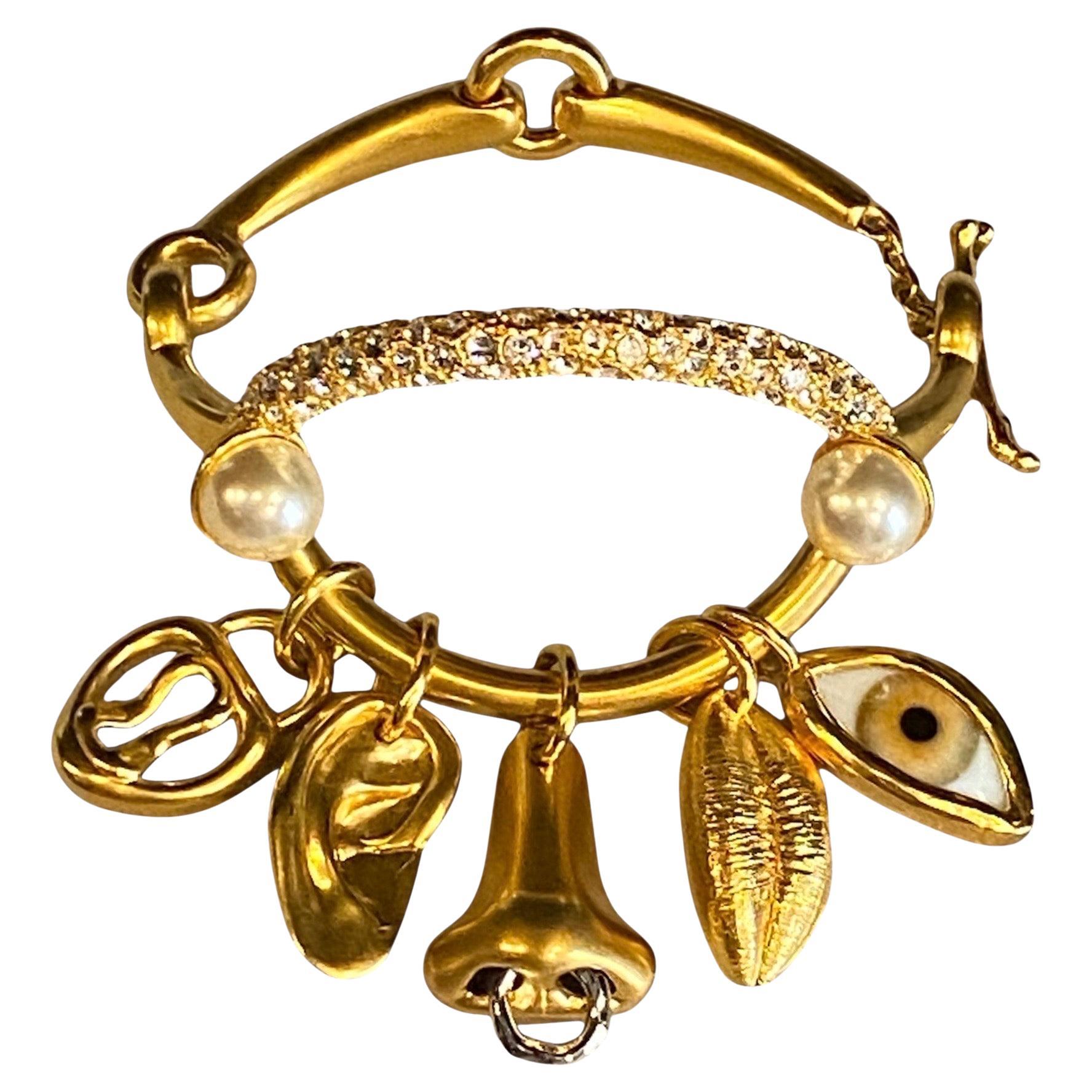 Schiaparelli Satin Gold, Pearl & Rhinestone Iconic Surrealist Charm Bracelet For Sale