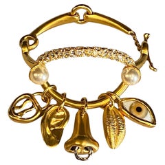Schiaparelli Satin Gold, Pearl & Rhinestone Iconic Surrealist Charm Bracelet