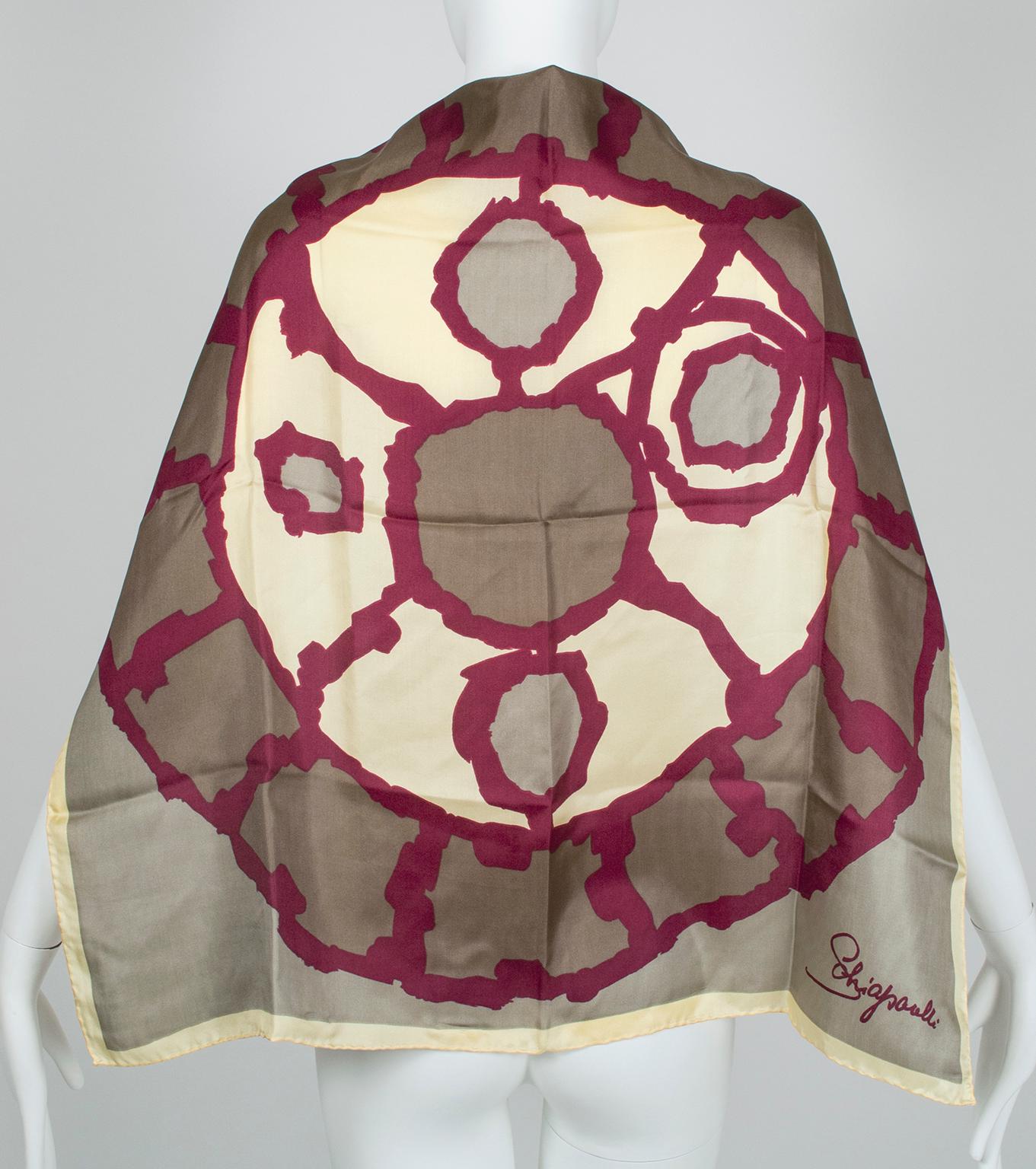 Elsa Schiaparelli's penchant for the unusual was well-documented through her association with Surrealist art. Her bent toward mysticism, however, is less well known but reflected in this scarf portraying a stylized version of a Mayan Cipher