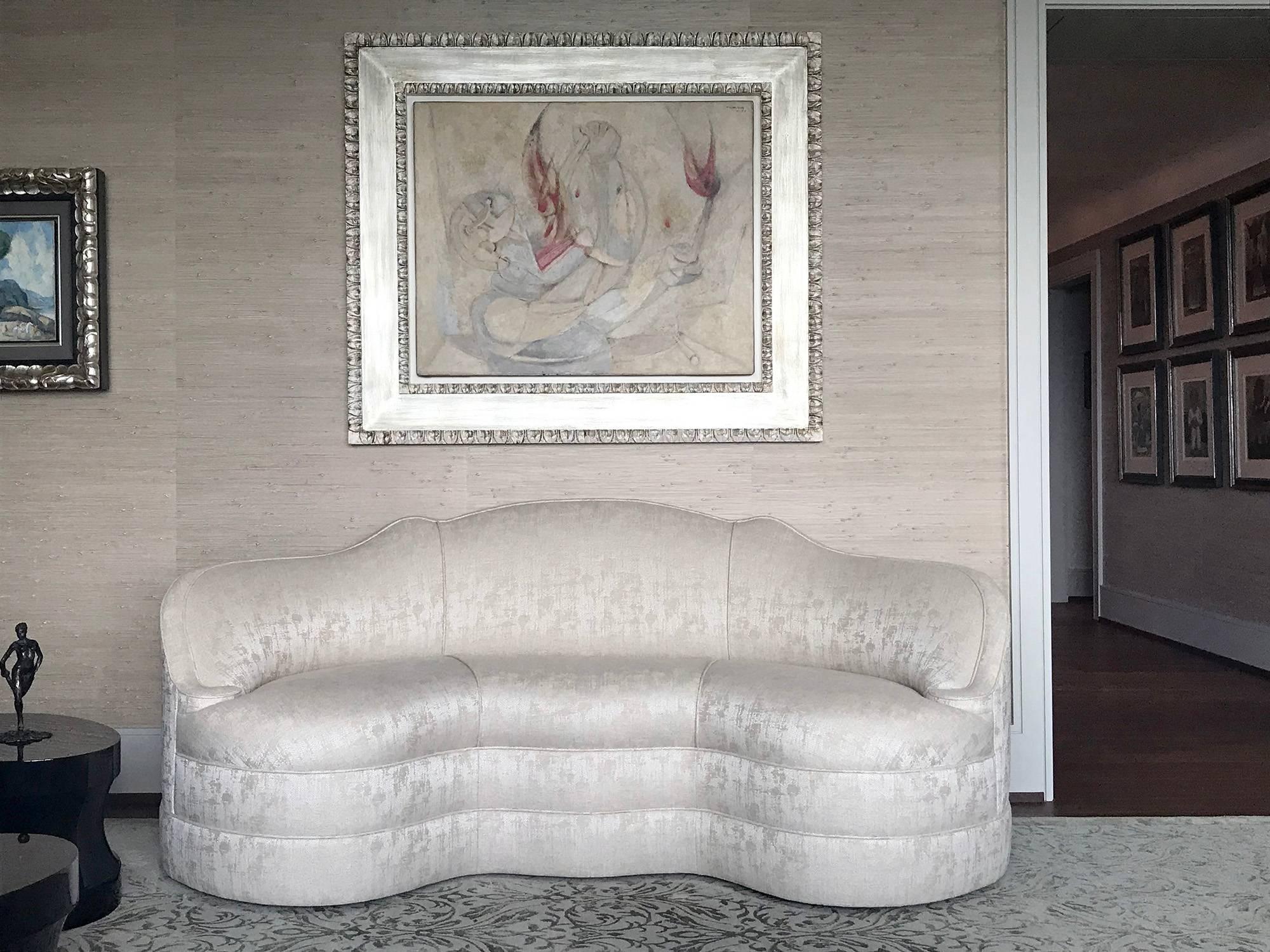 New 84 inch custom Schiaparelli sofa (7200 / 84) by Michael Taylor design with fabric by Jim Thompson (#3542/03 Pattern: Silva color: Buscuit). Sofa has a tight upholstered base and tight seat. Retail price as configured is approximately $18,500.