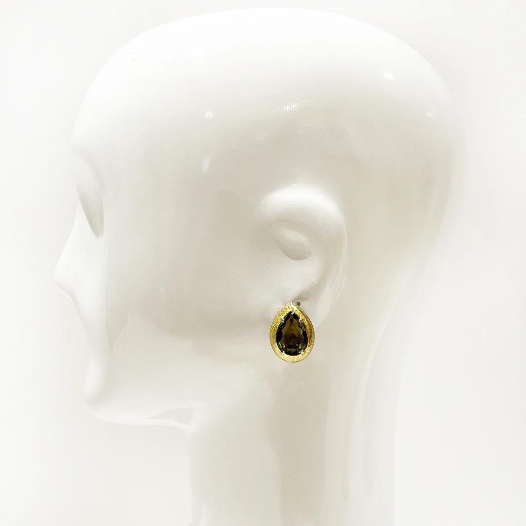 Schiaparelli Costume Earrings
Vintage 
Teardrop shape 
Grey/olive faceted costume crystal
Crystal is set in a textured gold setting
Clip-On backing 
Signed Schiaparelli on clip on backing 
Excellent vintage condition; Preloved with no visible signs