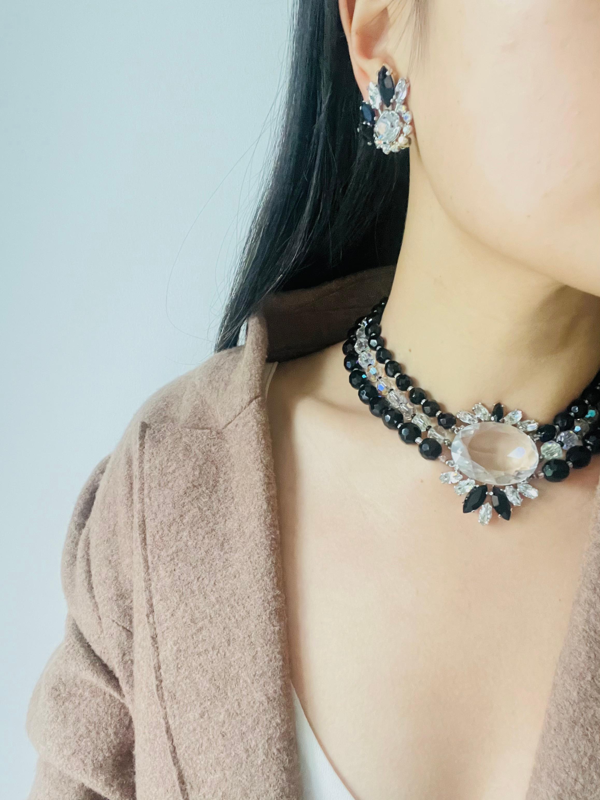 Schiaparelli Vintage 3 Trio Strands Black Beads Clear Crystals Iridescent Set For Sale 6