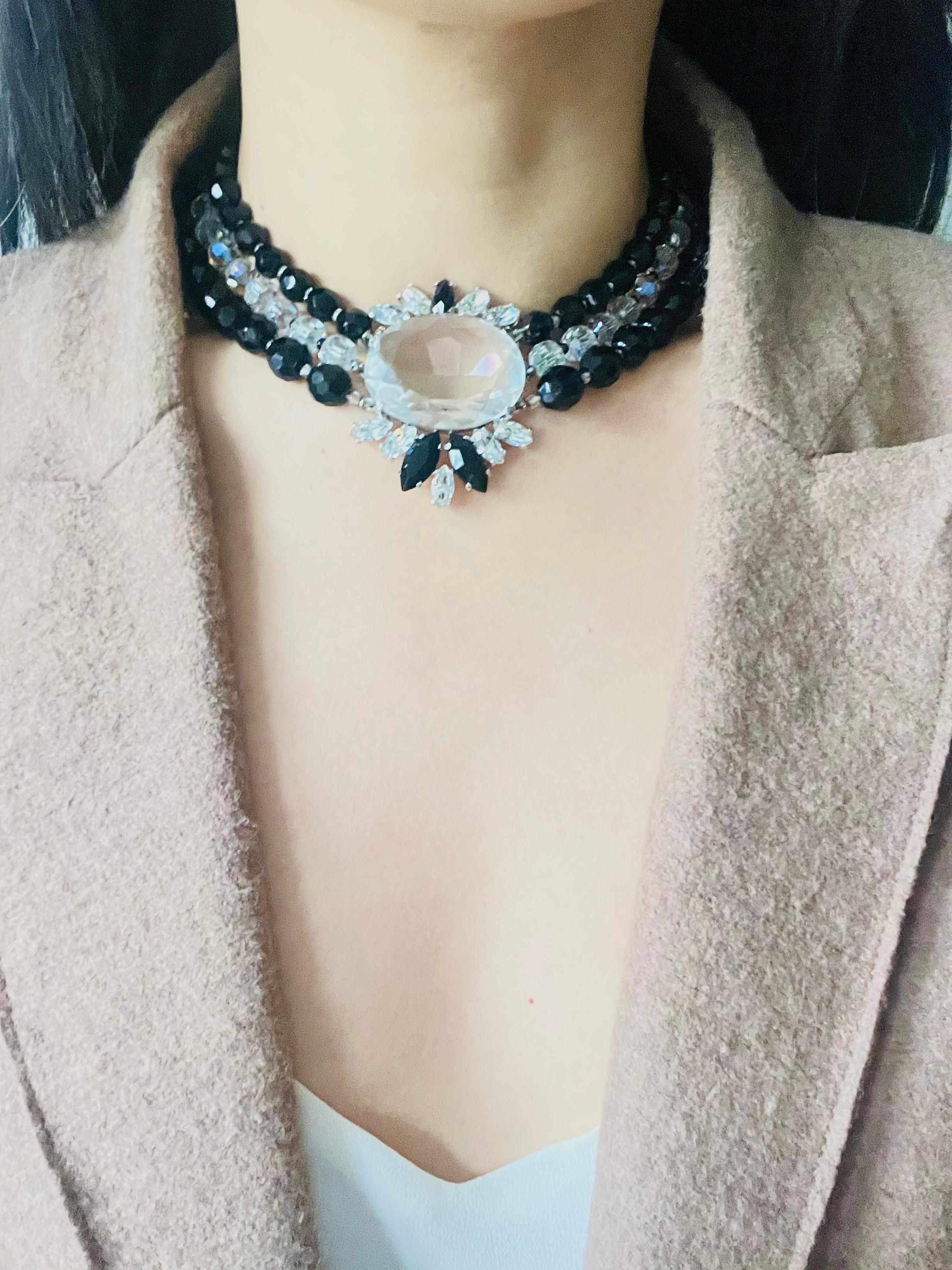 Schiaparelli Vintage 3 Trio Strands Black Beads Clear Crystals Iridescent Set For Sale 7