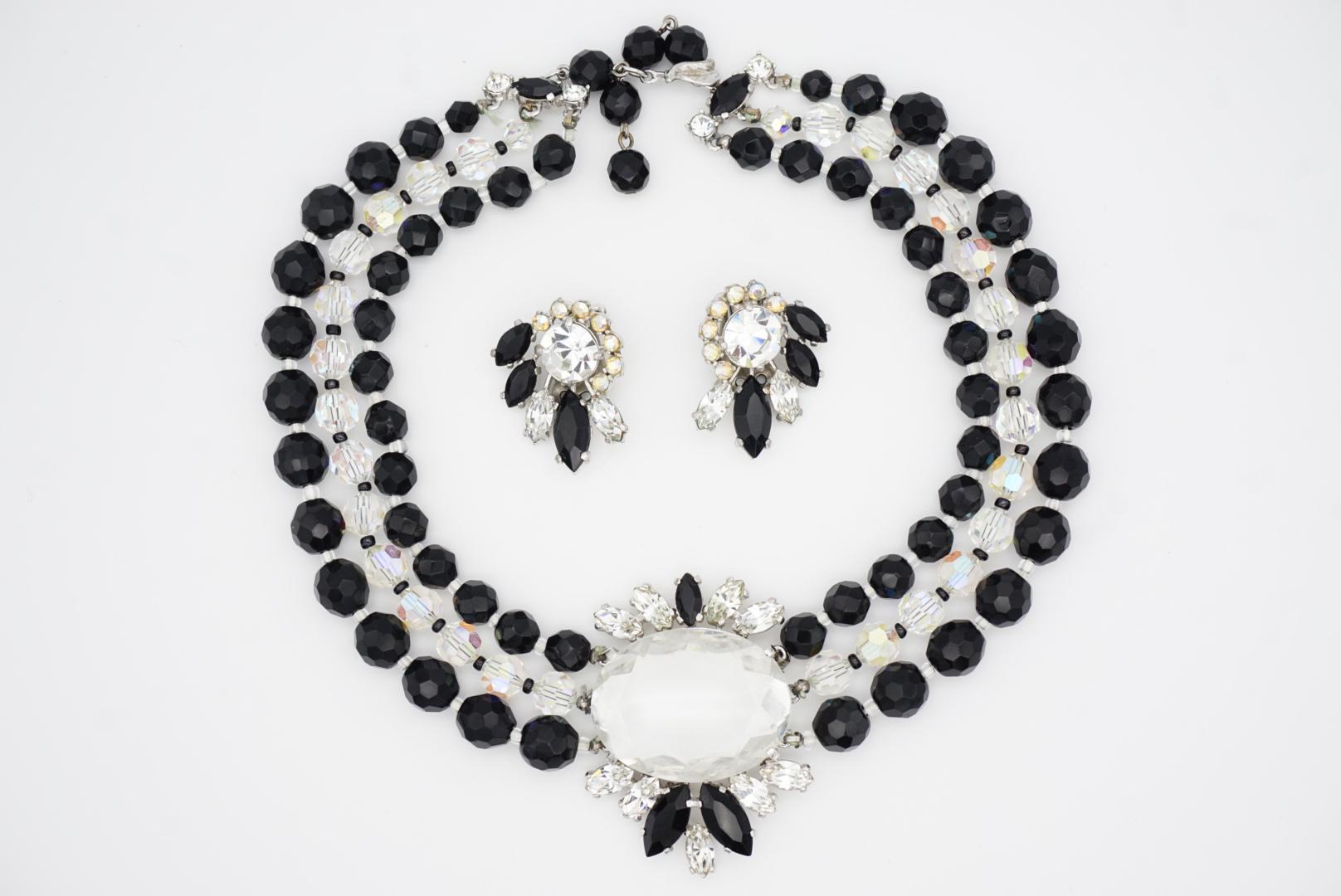 Schiaparelli Vintage 3 Trio Strands Black Beads Clear Crystals Iridescent Set For Sale 8