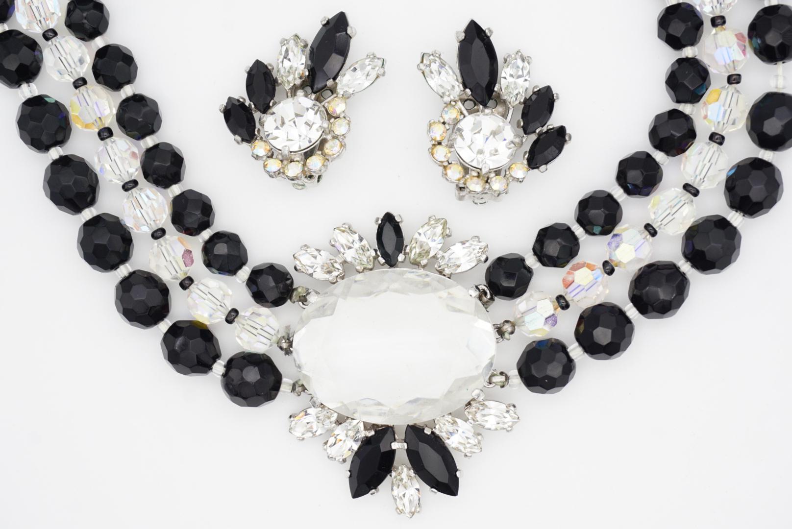 Schiaparelli Vintage 3 Trio Strands Black Beads Clear Crystals Iridescent Set For Sale 9