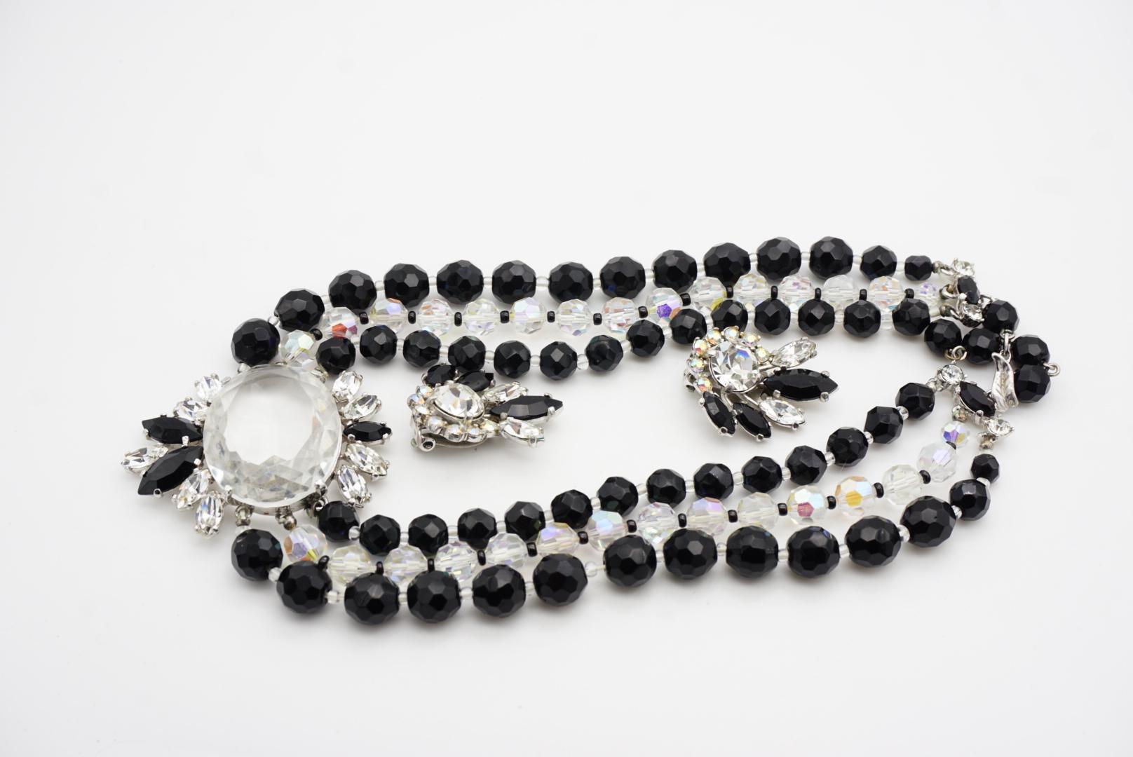 Schiaparelli Vintage 3 Trio Strands Black Beads Clear Crystals Iridescent Set For Sale 10