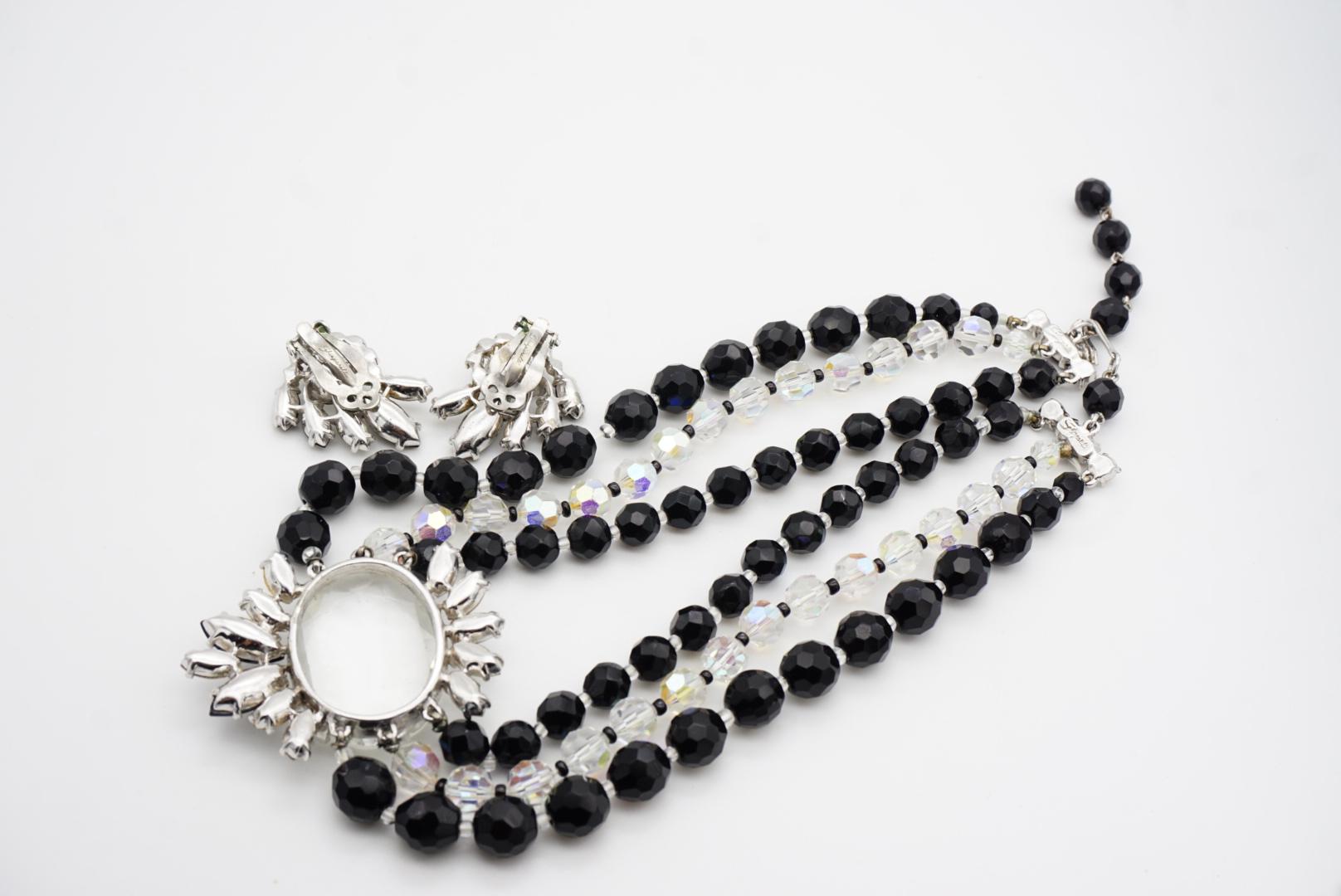 Schiaparelli Vintage 3 Trio Strands Black Beads Clear Crystals Iridescent Set For Sale 11