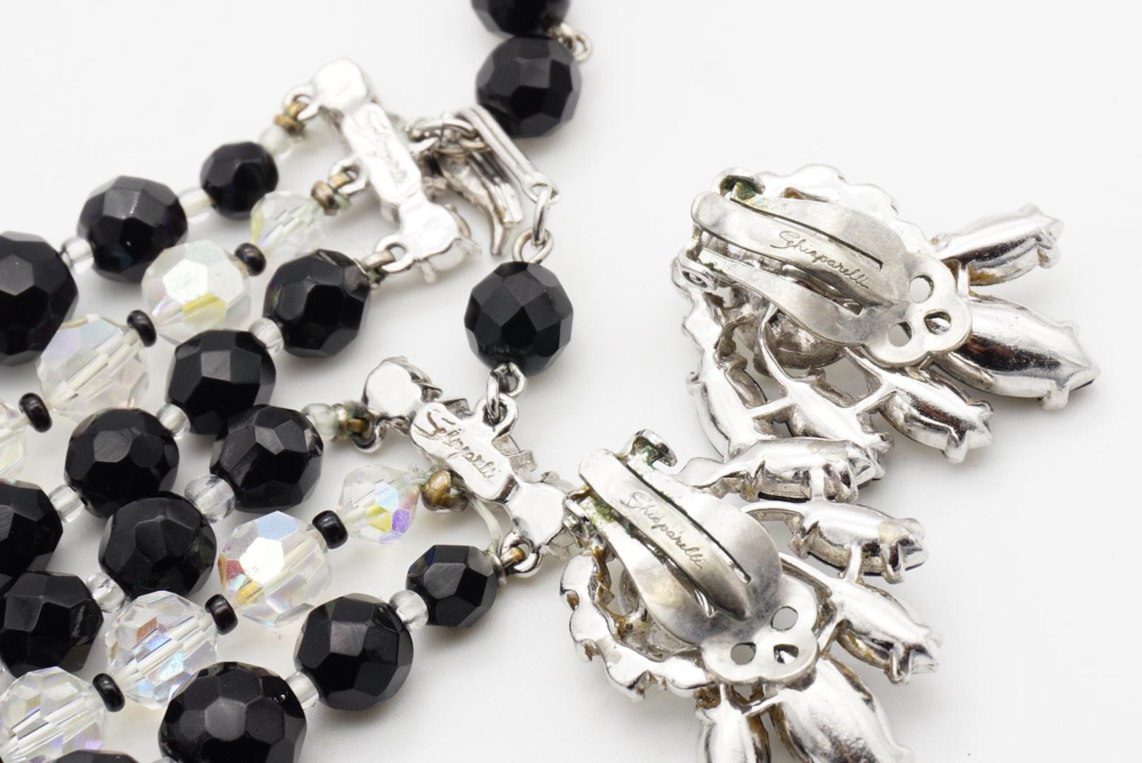 Schiaparelli Vintage 3 Trio Strands Black Beads Clear Crystals Iridescent Set For Sale 12