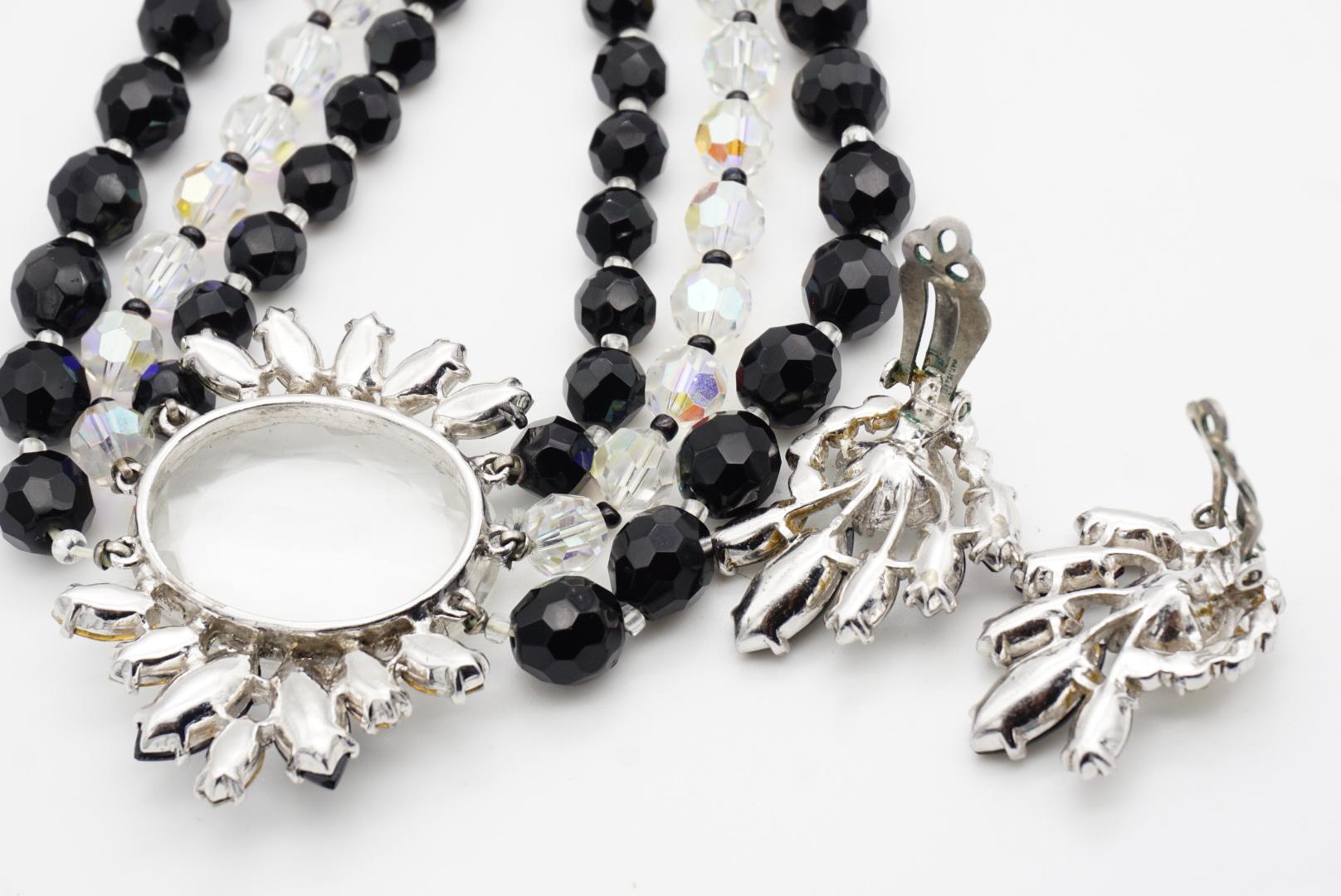 Schiaparelli Vintage 3 Trio Strands Black Beads Clear Crystals Iridescent Set For Sale 13