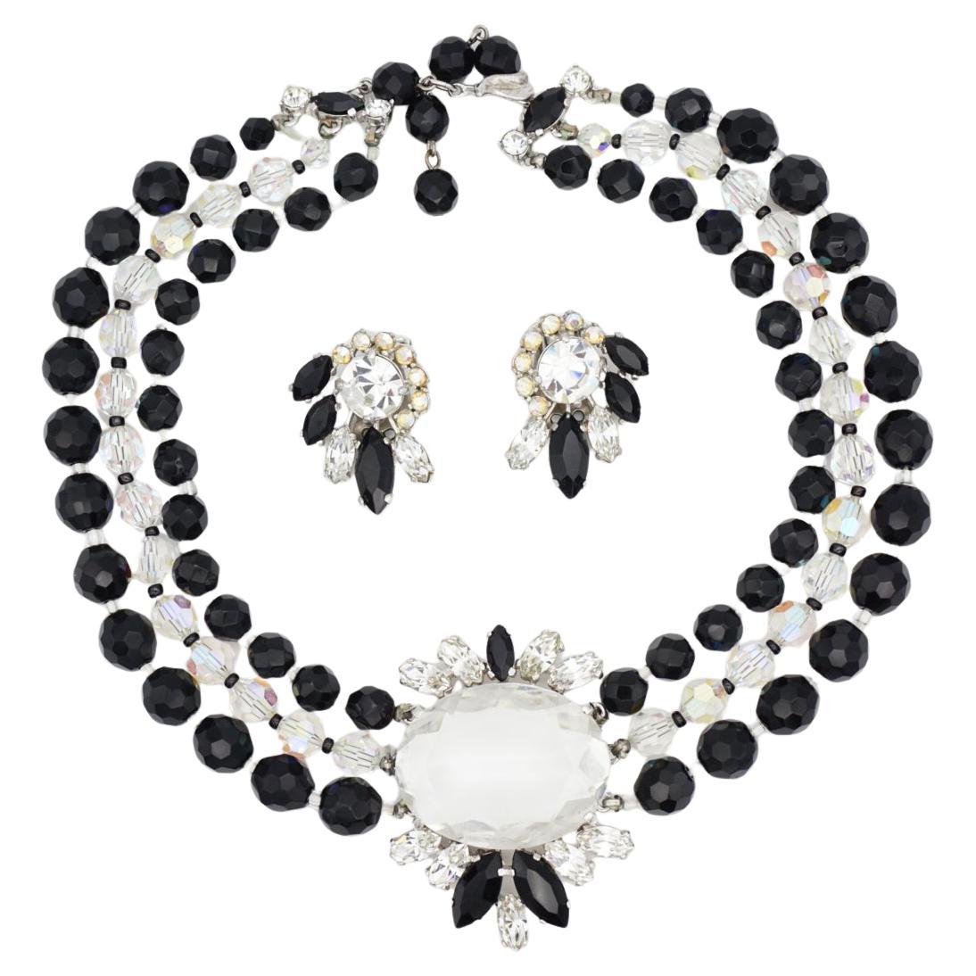 Schiaparelli Vintage 1950s 3 Three Trio Strands Layers Black Beads Ball Circle Large Oval Centre Clear White Sparkling Marquise Crystals Flower Iridescent Pendant Filigree Chunky Hook Elegant Necklace Clip Earrings Set, Silver Tone

Very good